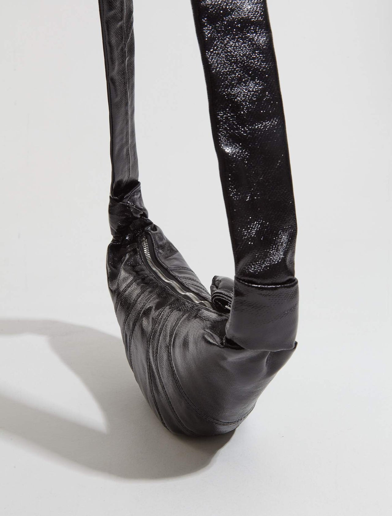 Small Coated Cotton Croissant Bag in Black