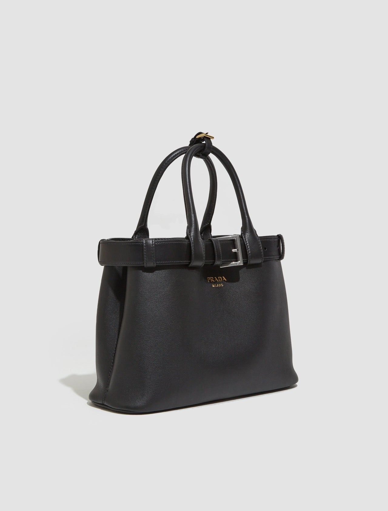 Buckle Medium Leather Handbag With Belt in Black