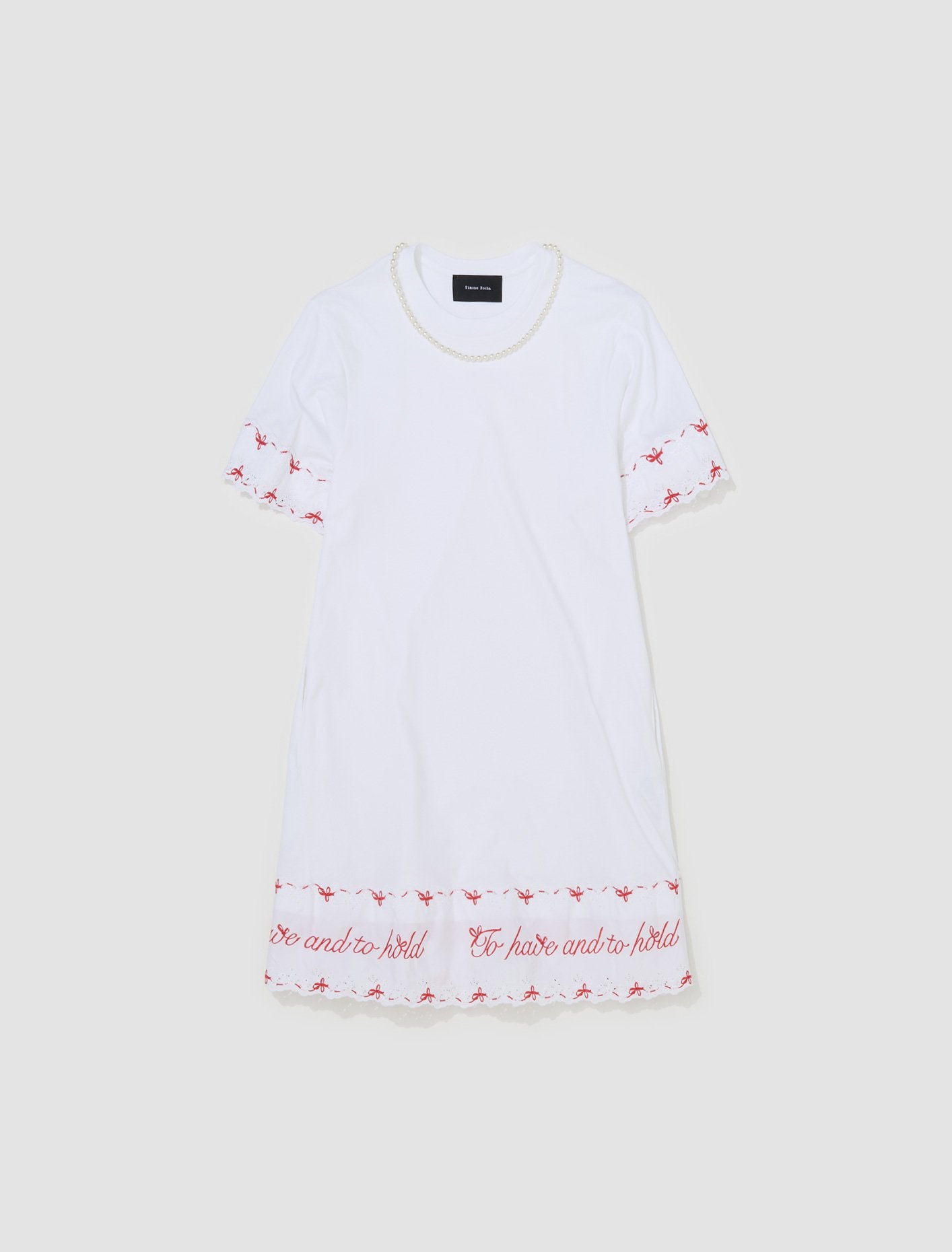 Beaded A-Line T-Shirt Dress with Trim in White