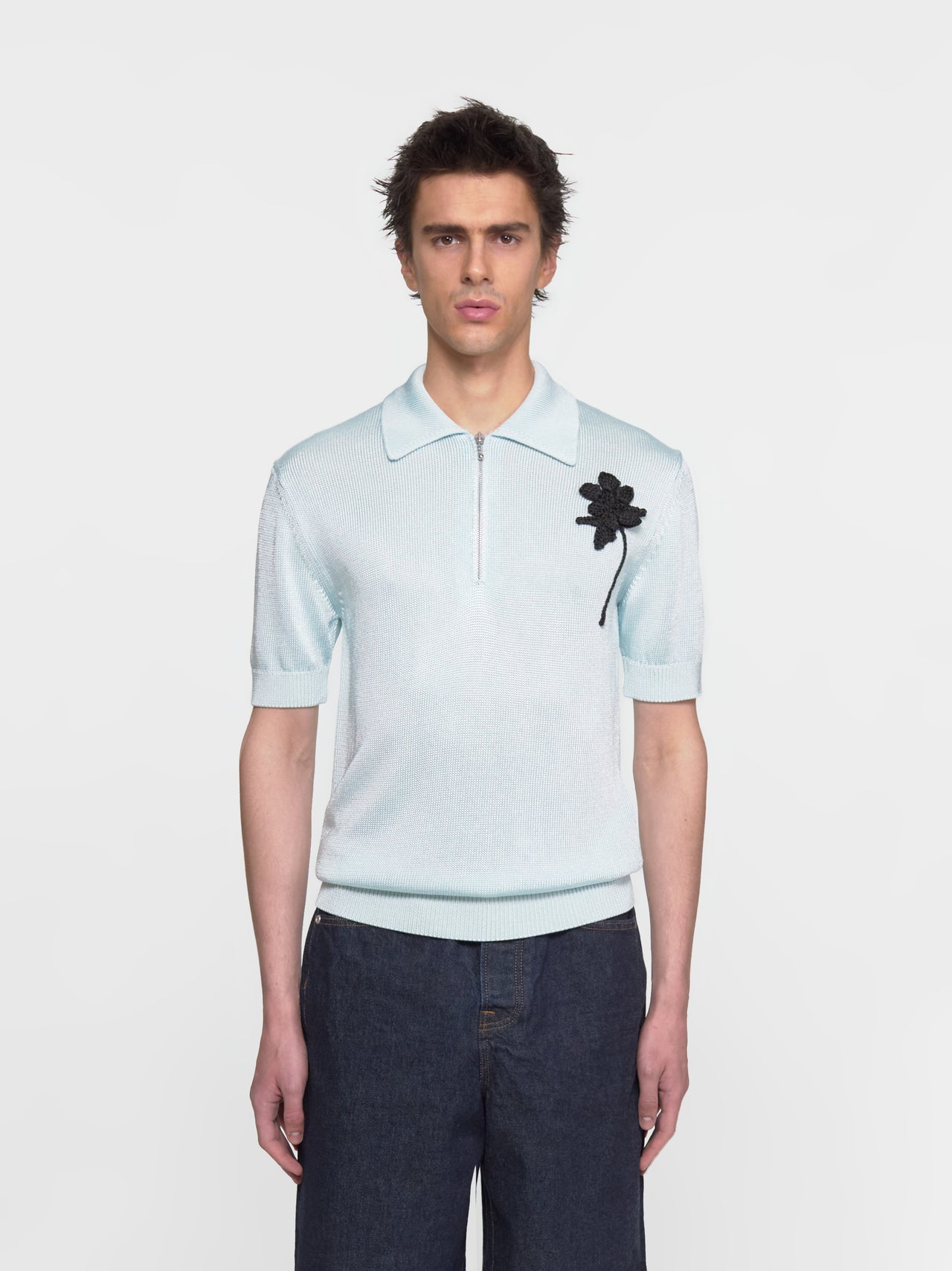 Knit Polo Shirt with Crochet Flower in Powder Blue