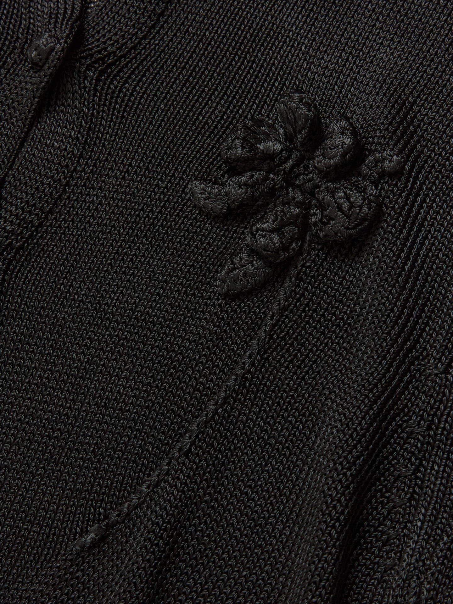 3/4 Sleeve Crewneck Cardigan with Crochet Flower in Black