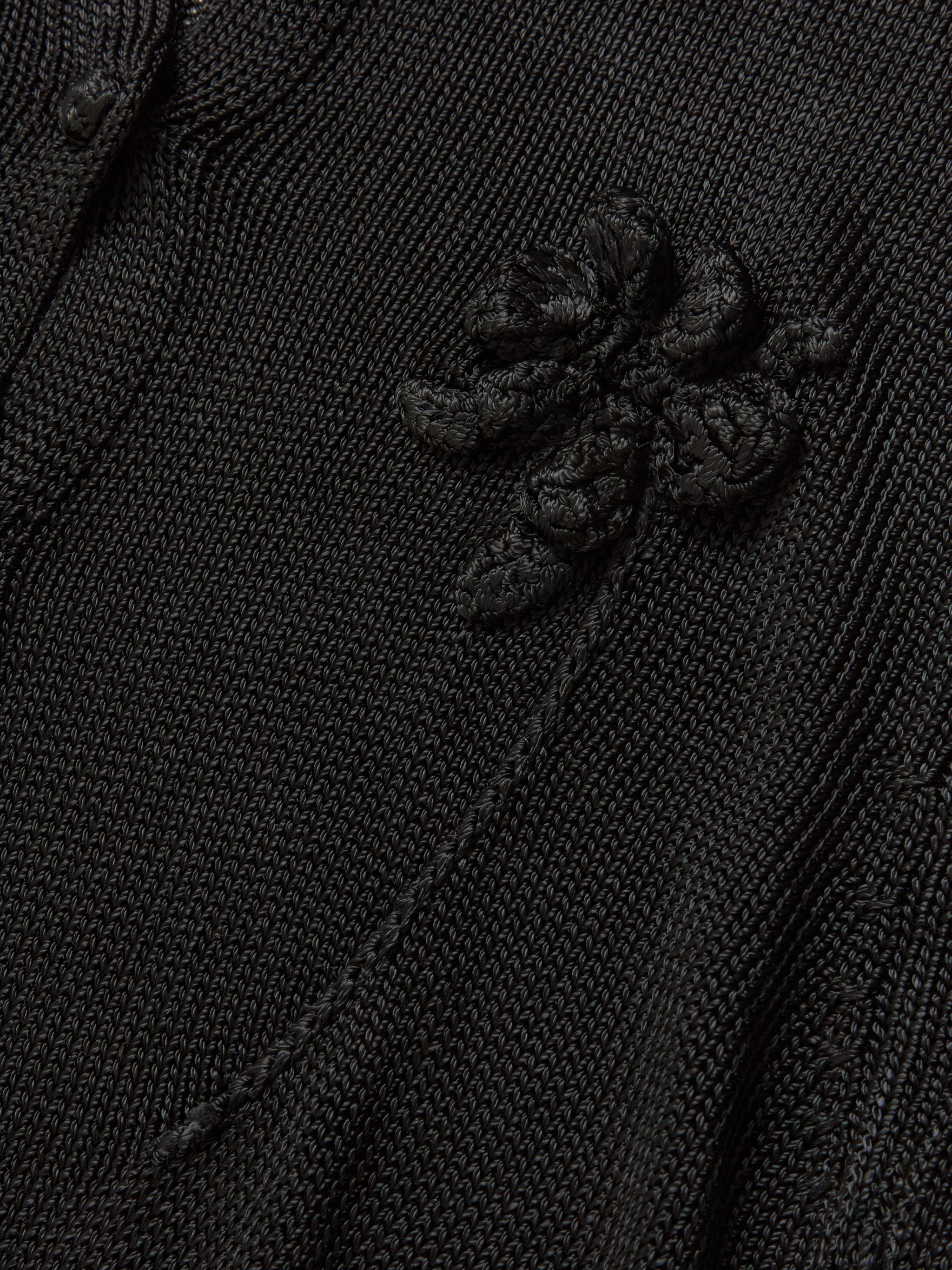 3/4 Sleeve Crewneck Cardigan with Crochet Flower in Black