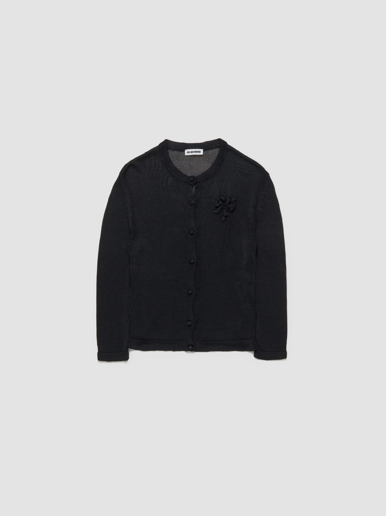 3/4 Sleeve Crewneck Cardigan with Crochet Flower in Black