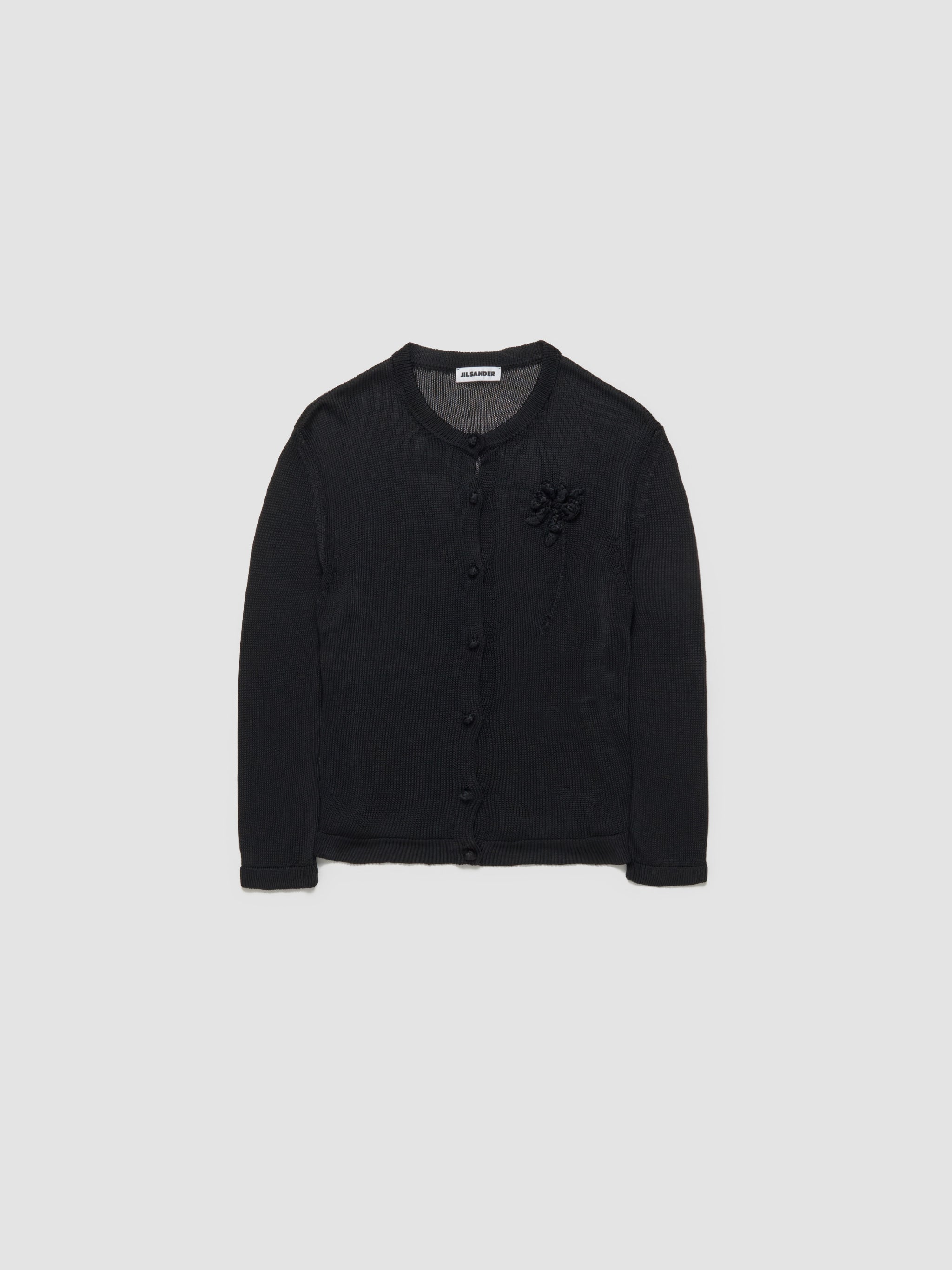 3/4 Sleeve Crewneck Cardigan with Crochet Flower in Black