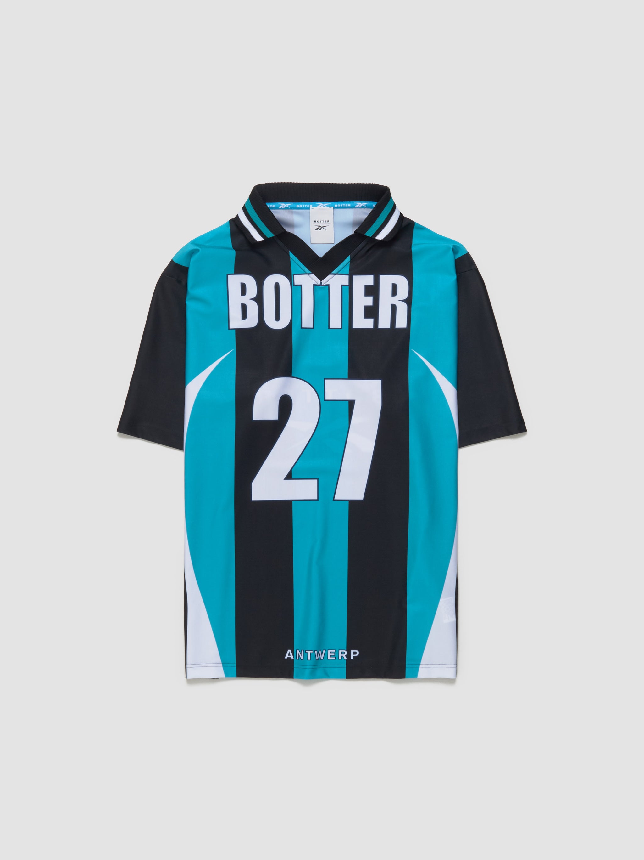 x Botter Reverse Soccer T-Shirt in Striped Navy & Aqua Blue