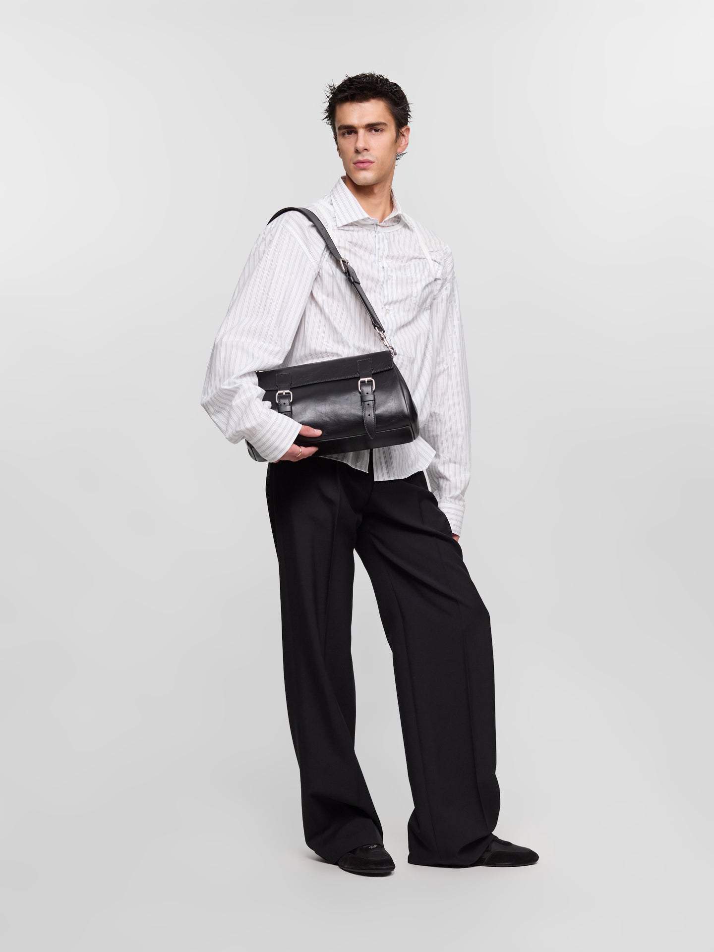 Leather Messenger Bag with Buckles in Black