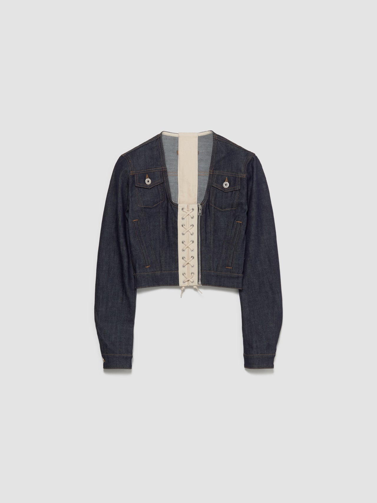 Contrasting Lace-Up Denim Jacket in Indigo