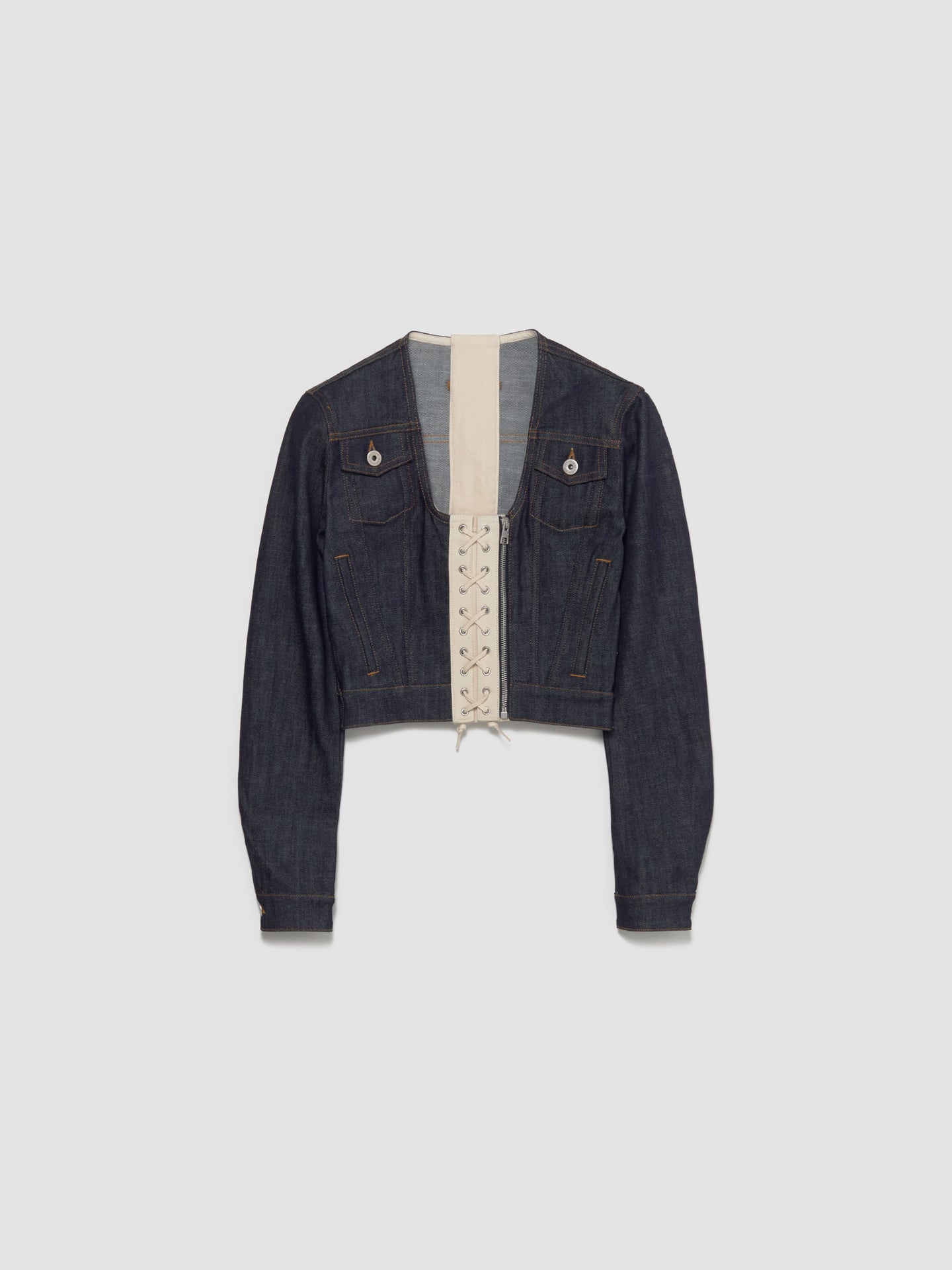 Contrasting Lace-Up Denim Jacket in Indigo
