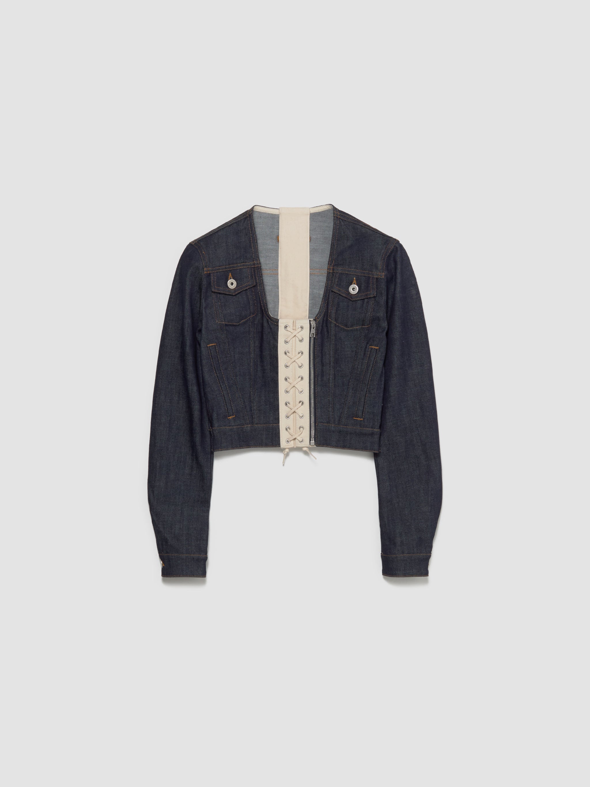 Contrasting Lace-Up Denim Jacket in Indigo