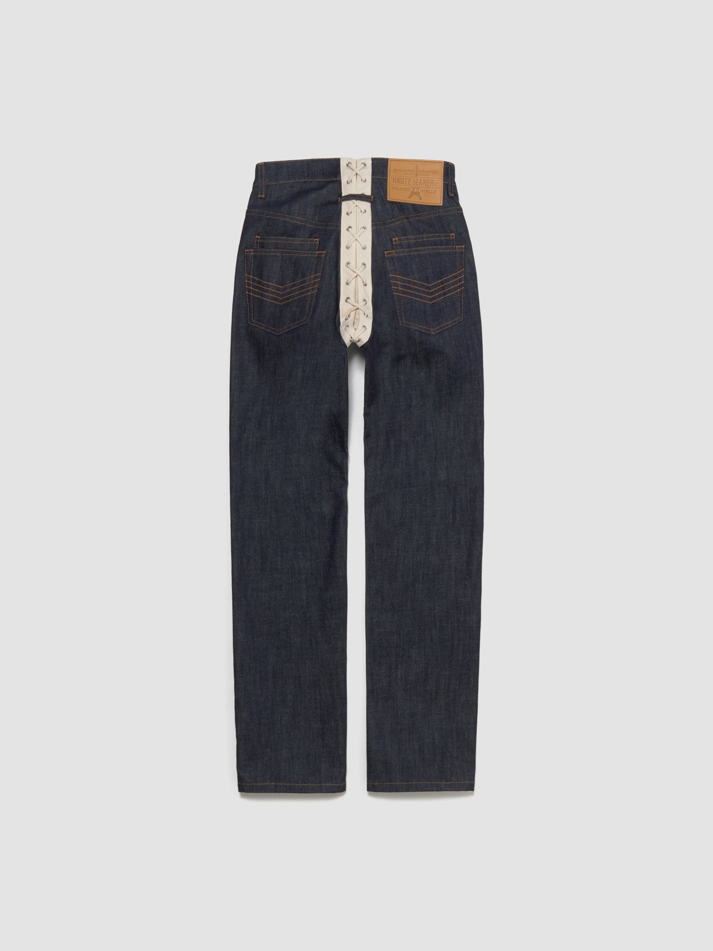 Contrasting Lace-Up Denim Jeans in Indigo