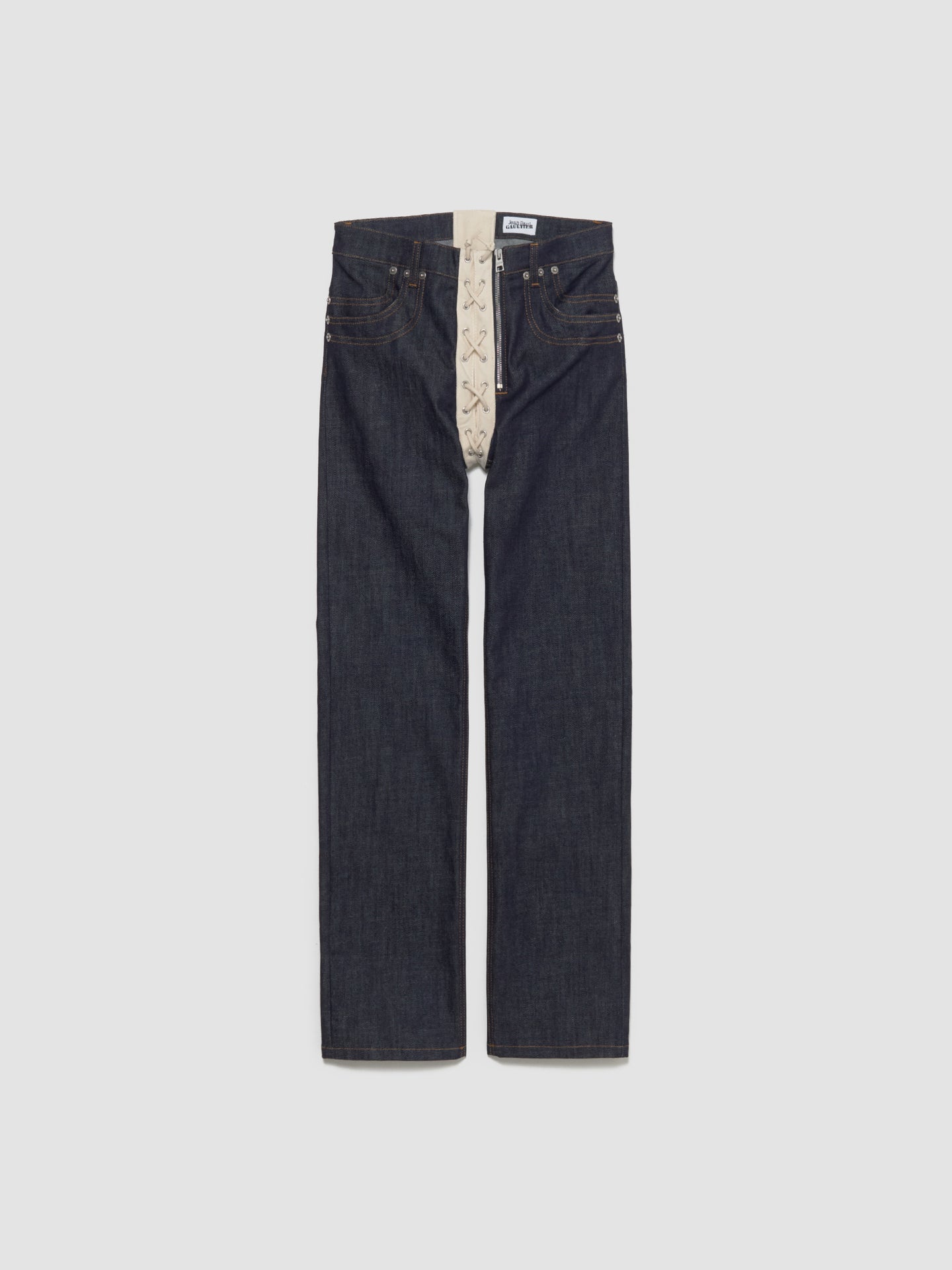 Contrasting Lace-Up Denim Jeans in Indigo