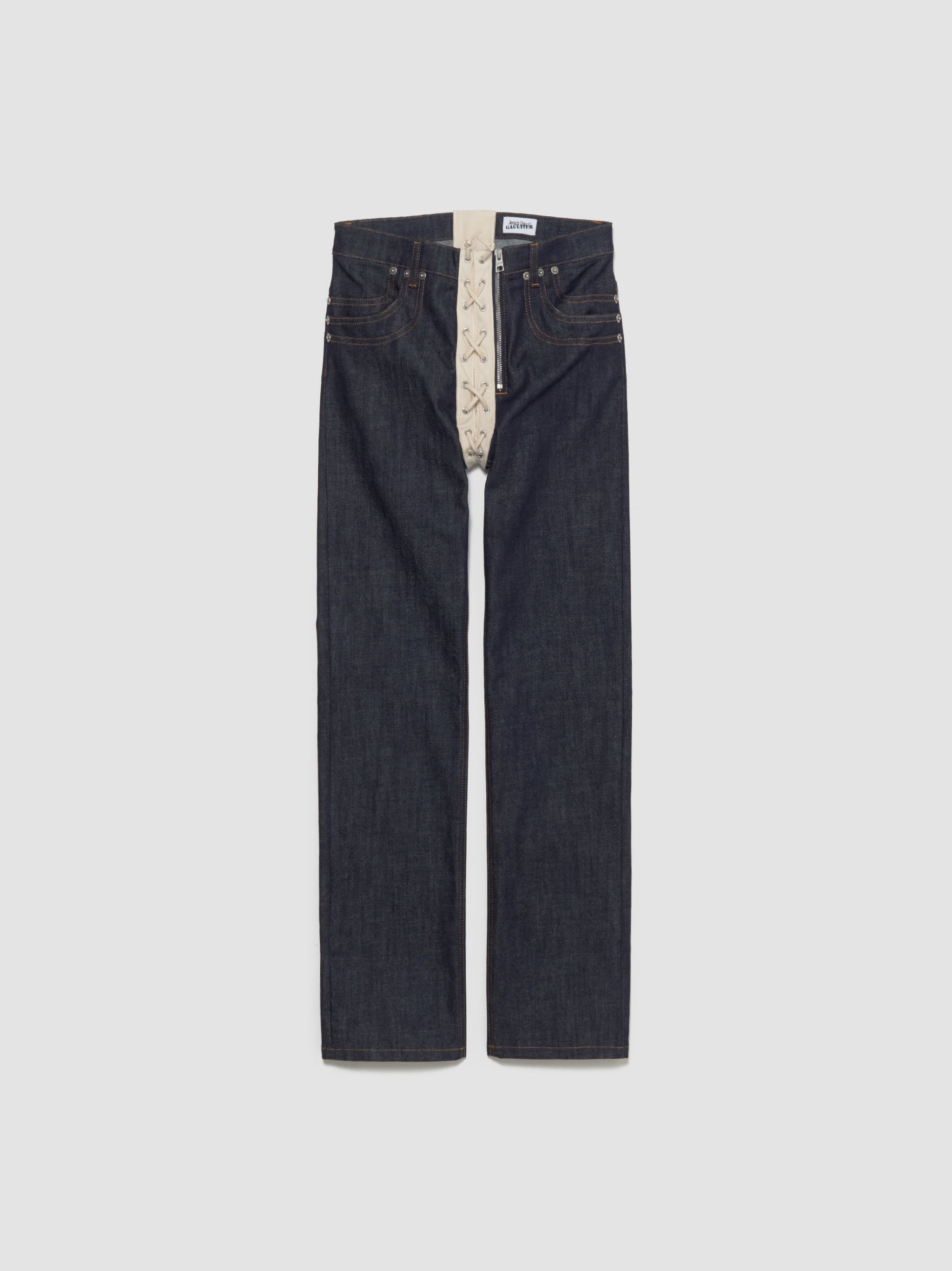 Contrasting Lace-Up Denim Jeans in Indigo
