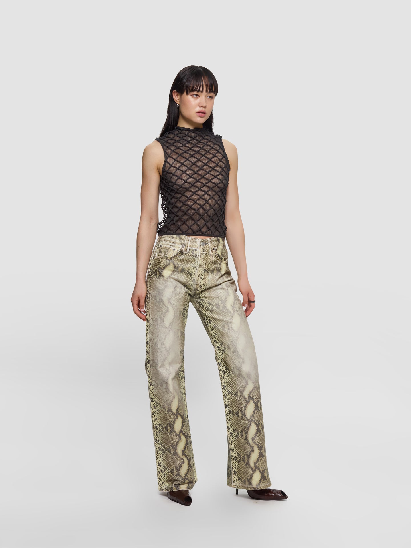 Printed Denim Trousers in Multi Brown