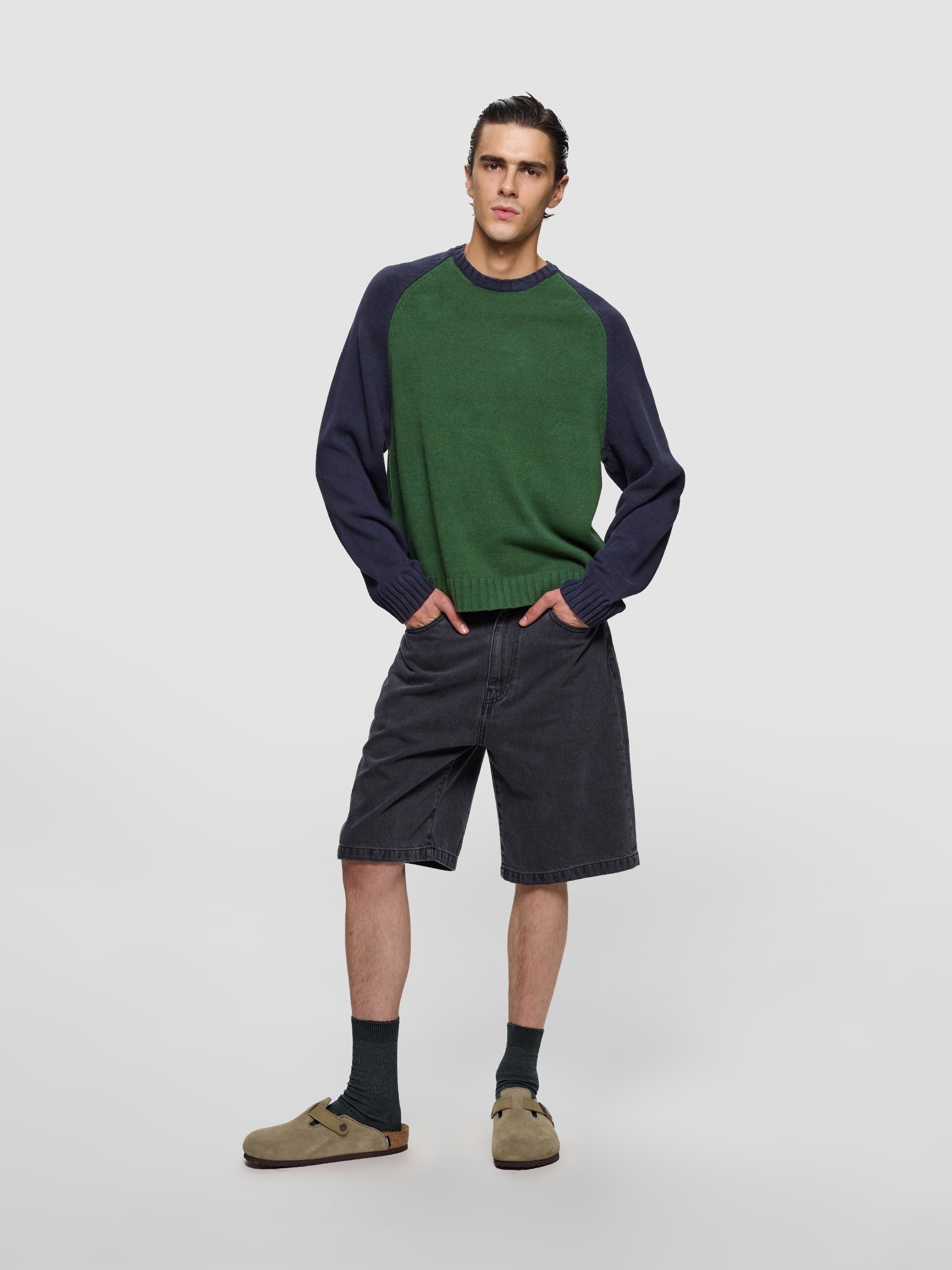 Colorblocked Raglan Crew Sweatshirt in Green