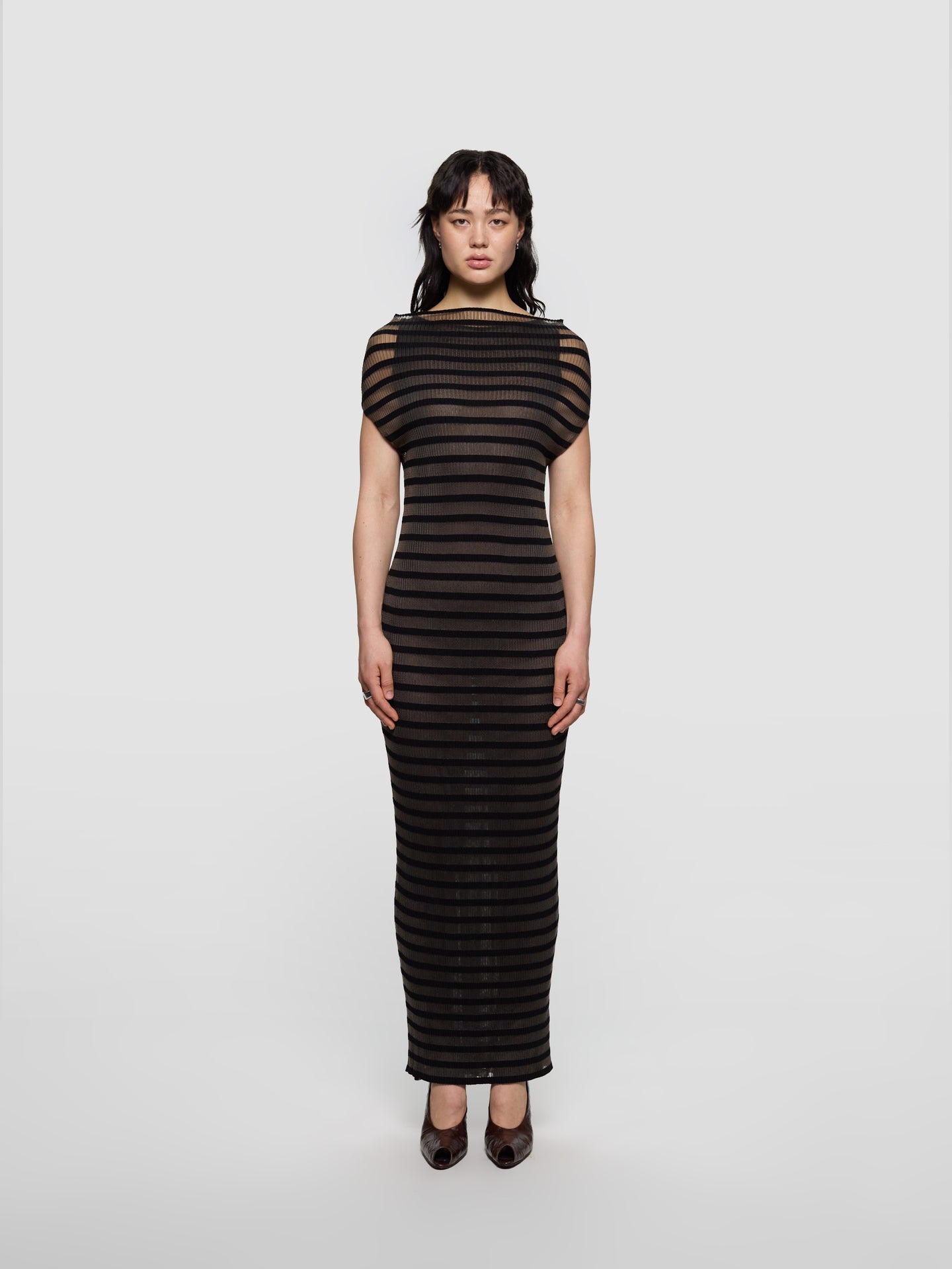 Long Viscose Mariniere Striped Dress in Black