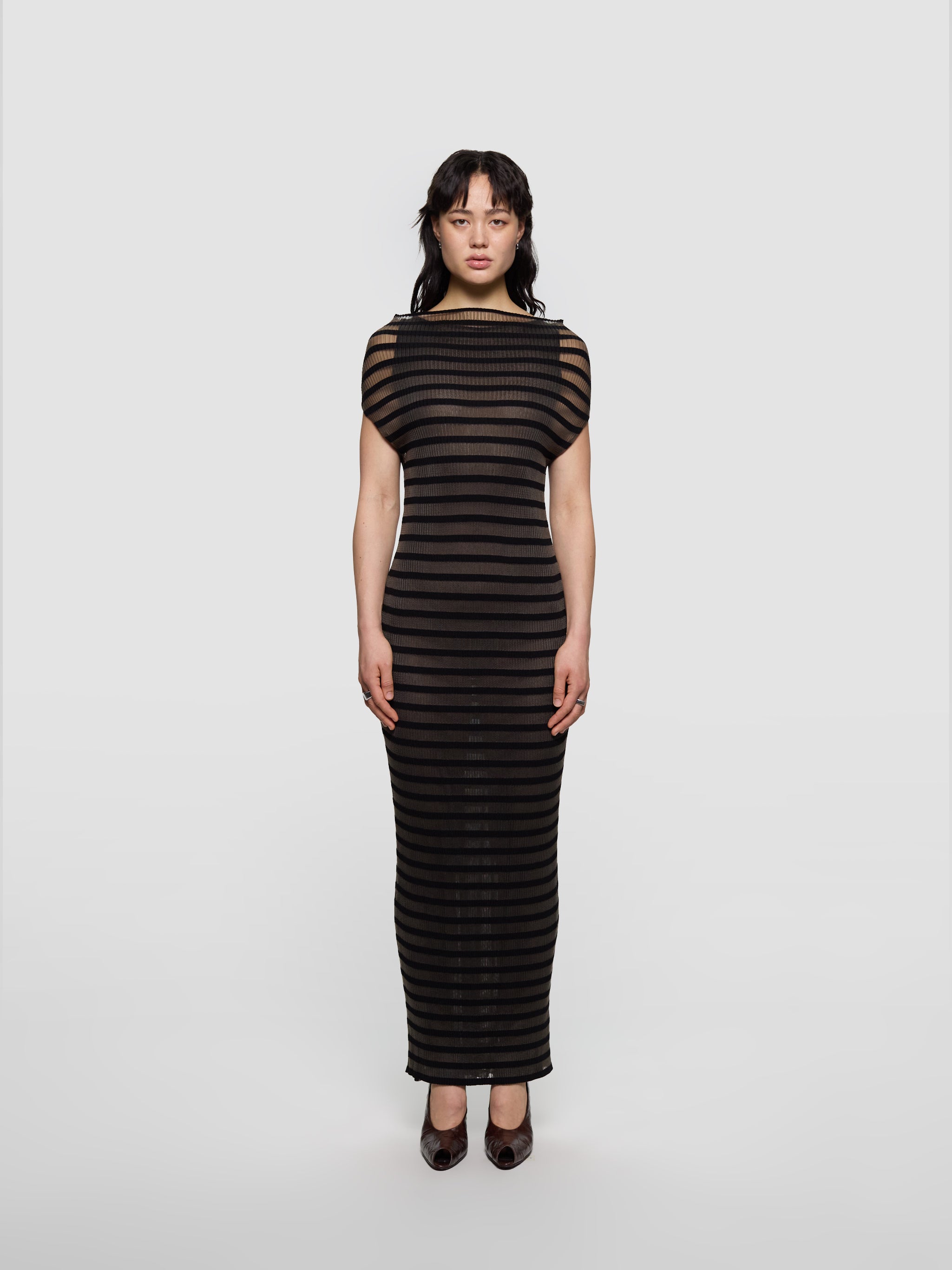 Long Viscose Mariniere Striped Dress in Black