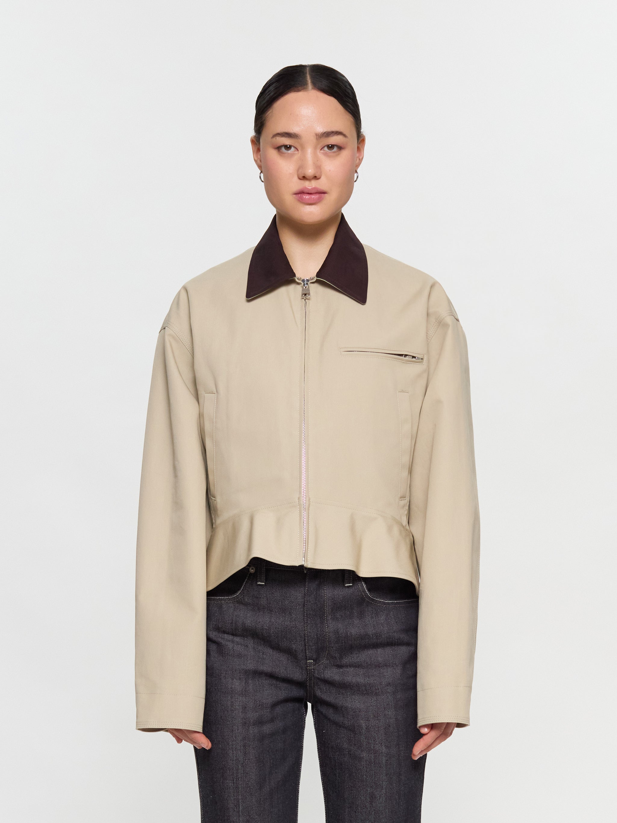 Curved Hem Workwear Jacket in Nougat & Chocolate