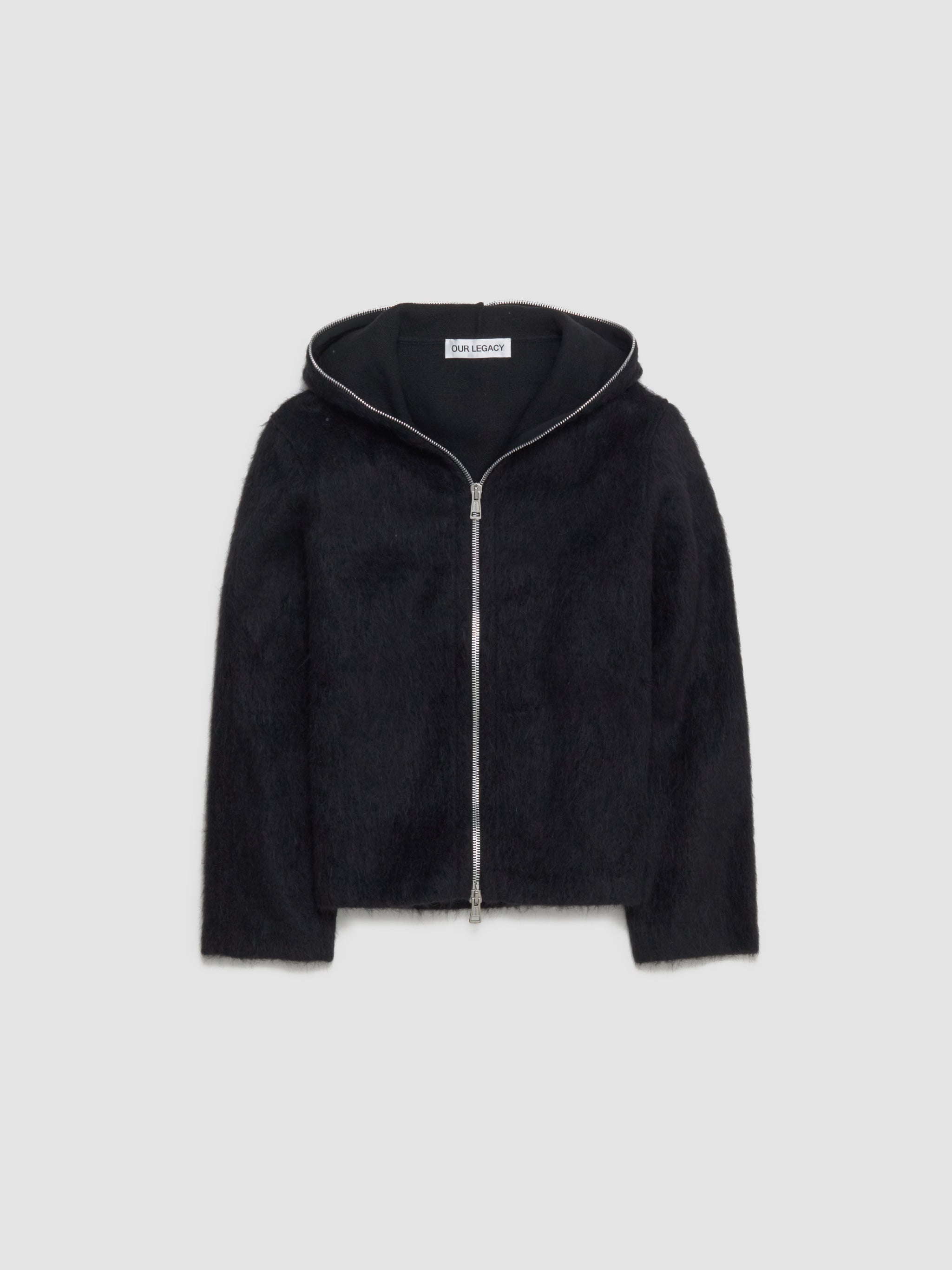 Full Zip Hood in Black Hairy Wool