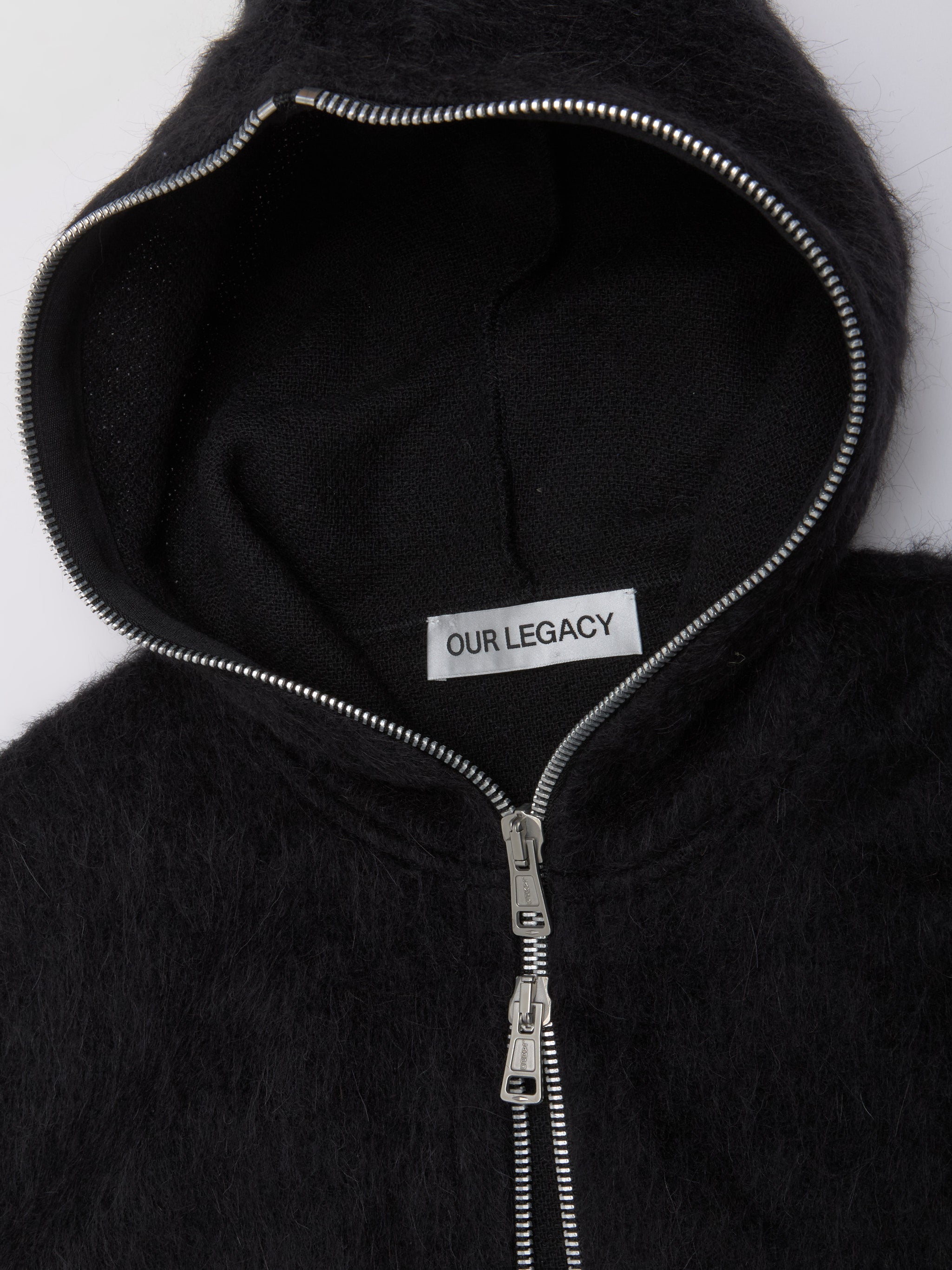 Full Zip Hood in Black Hairy Wool