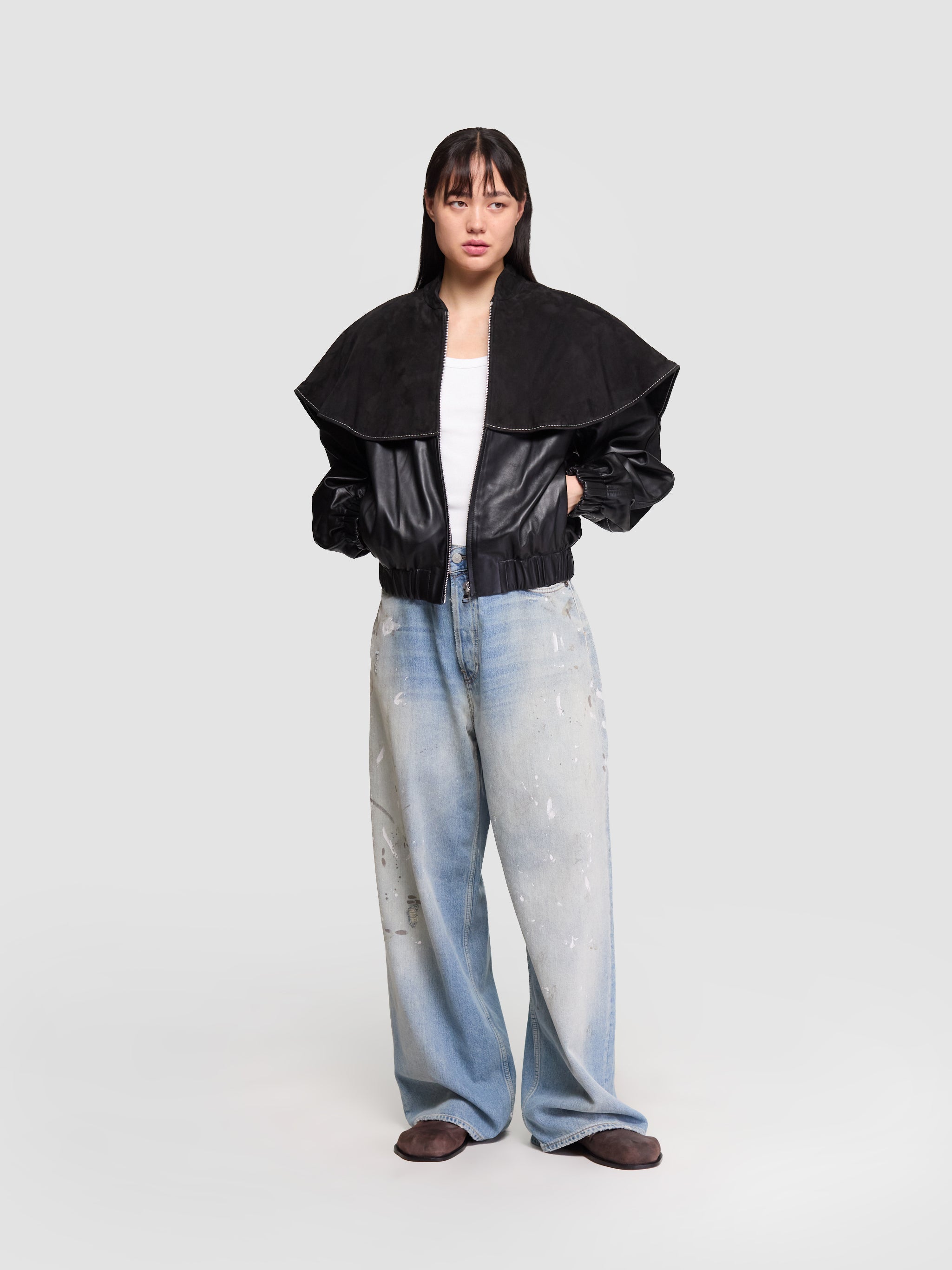 Oversized Collar Bomber Jacket in Black