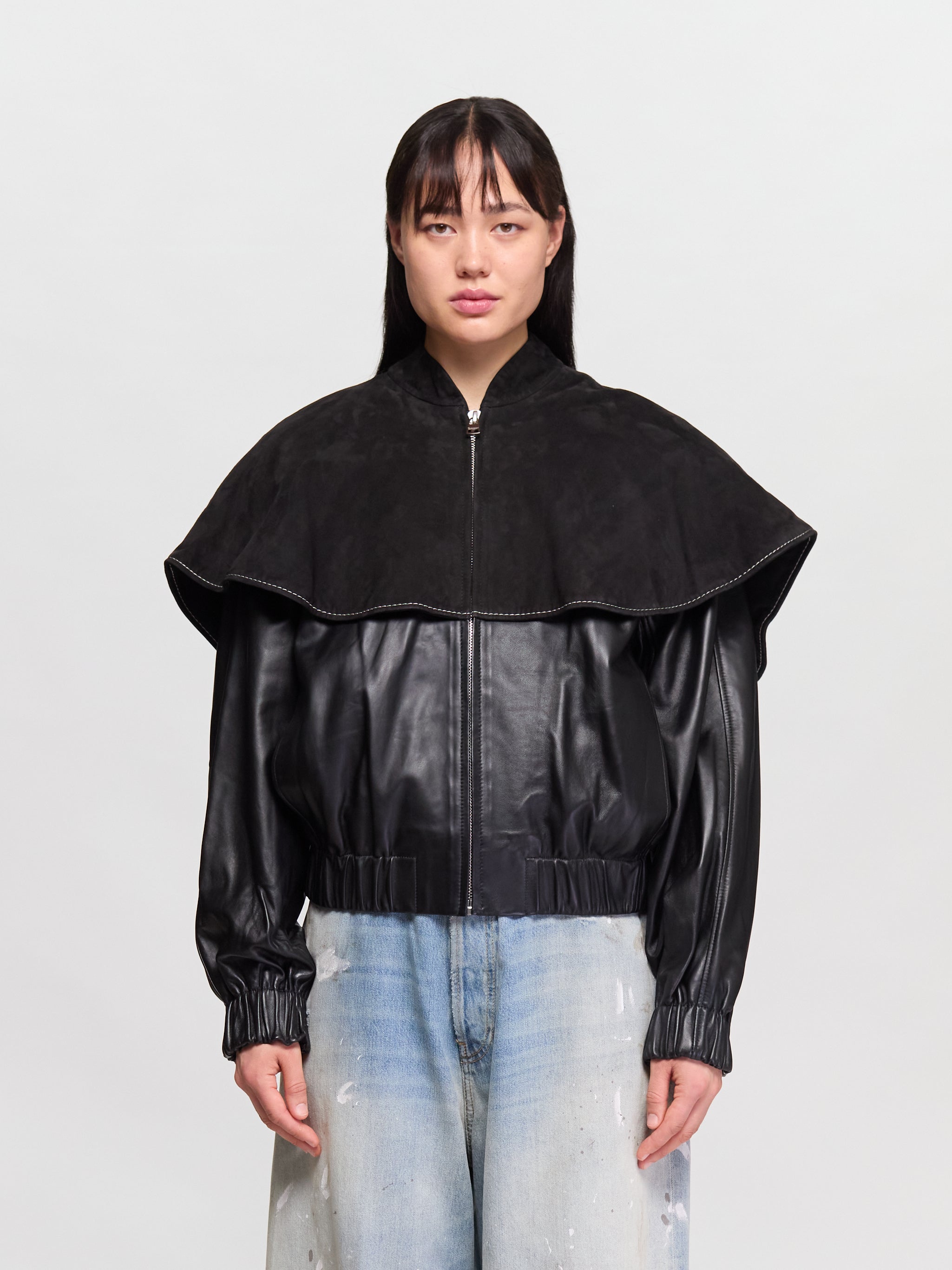 Oversized Collar Bomber Jacket in Black