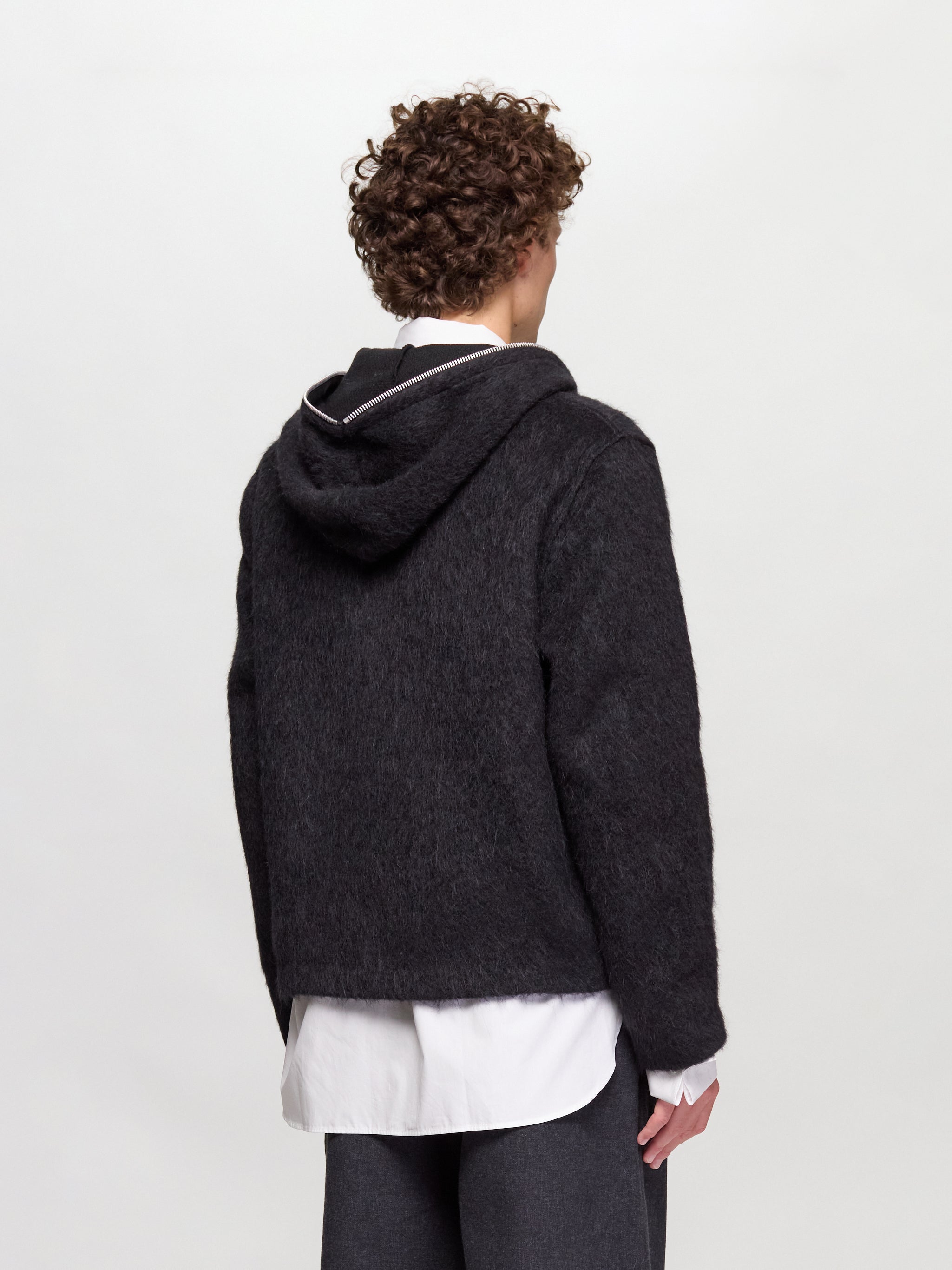 Full Zip Hood in Black Hairy Wool