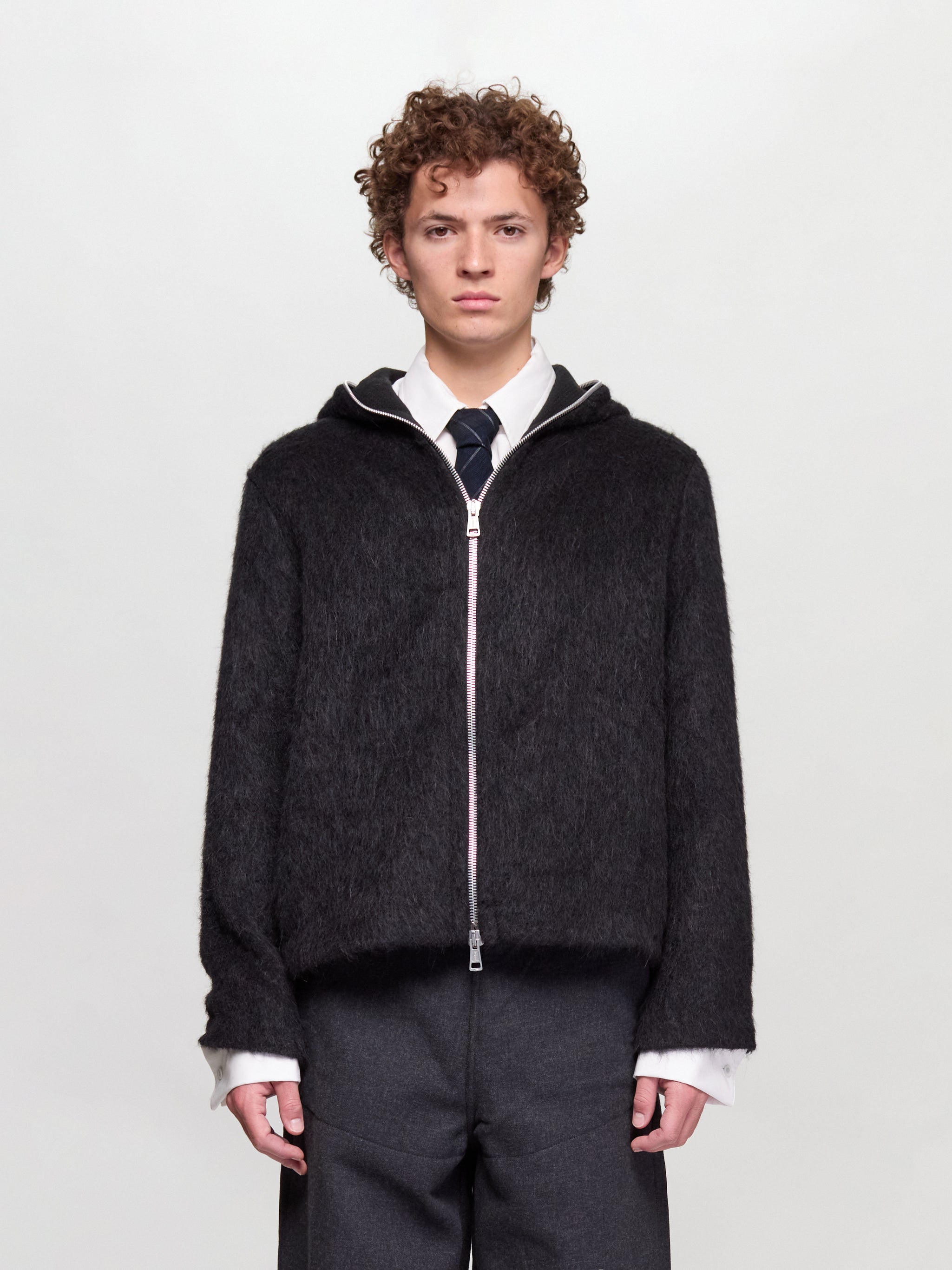 Full Zip Hood in Black Hairy Wool