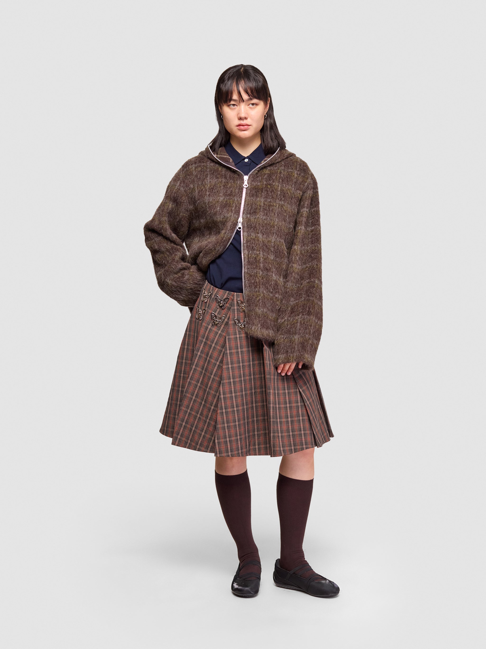 Full Zip Hood in Dorf Check Hairy Wool