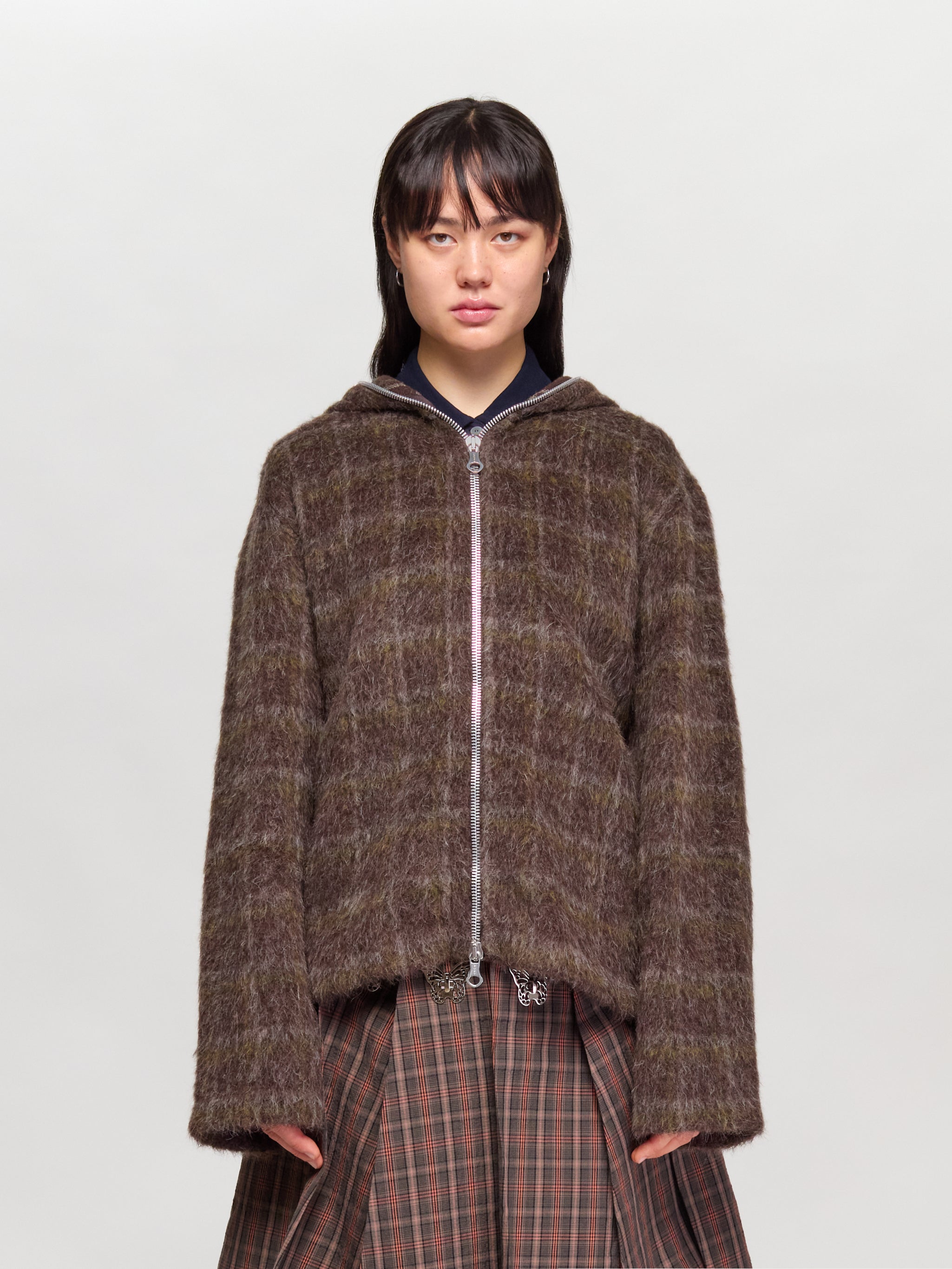 Full Zip Hood in Dorf Check Hairy Wool