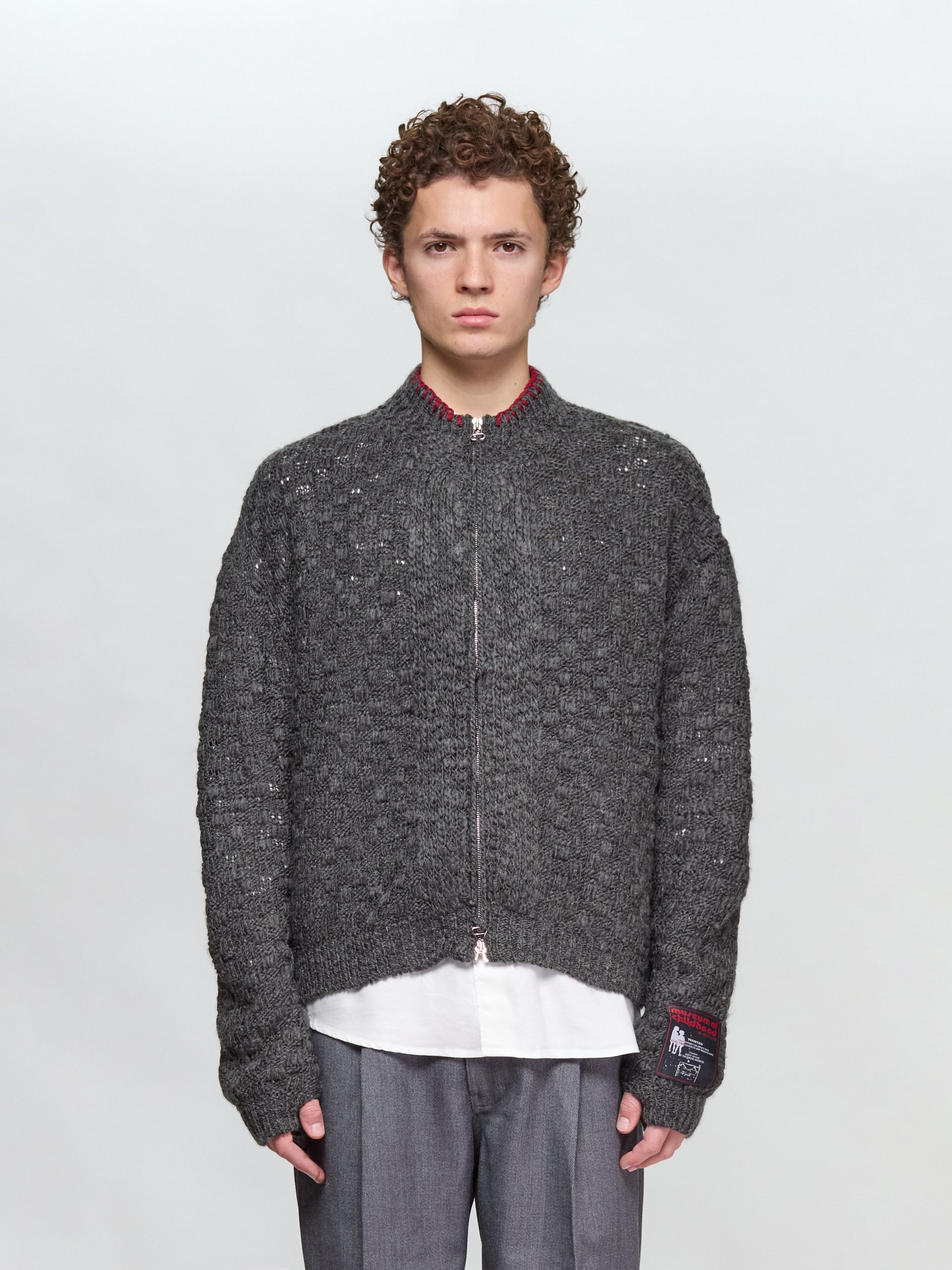 Chex Pattern Knitted Zip-Up Cardigan in Grey