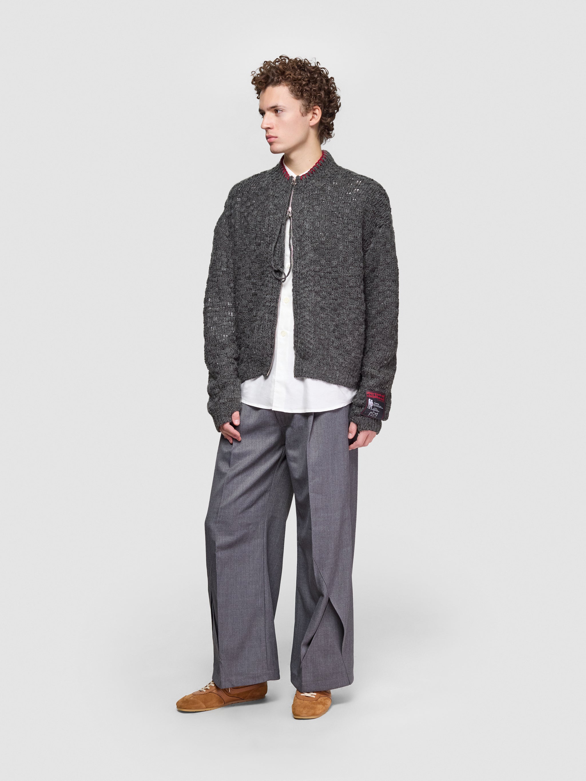 Chex Pattern Knitted Zip-Up Cardigan in Grey