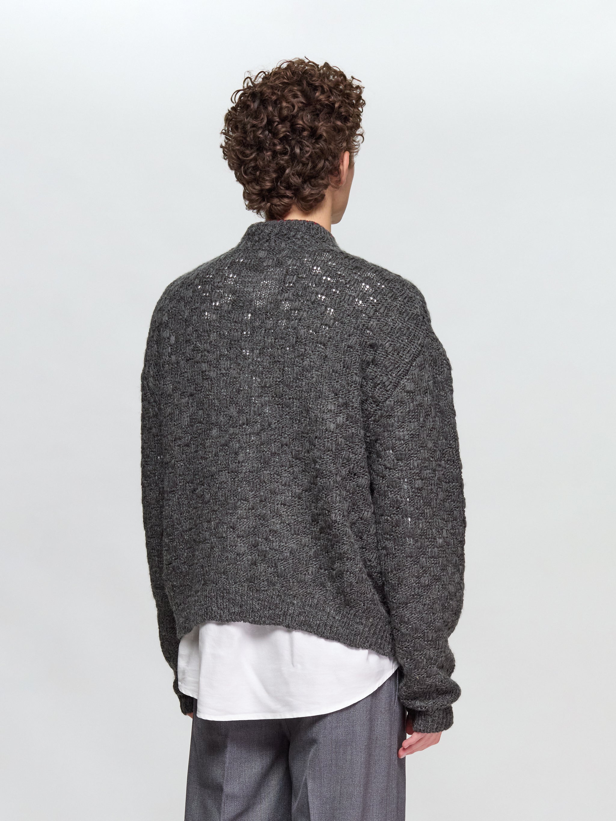 Chex Pattern Knitted Zip-Up Cardigan in Grey