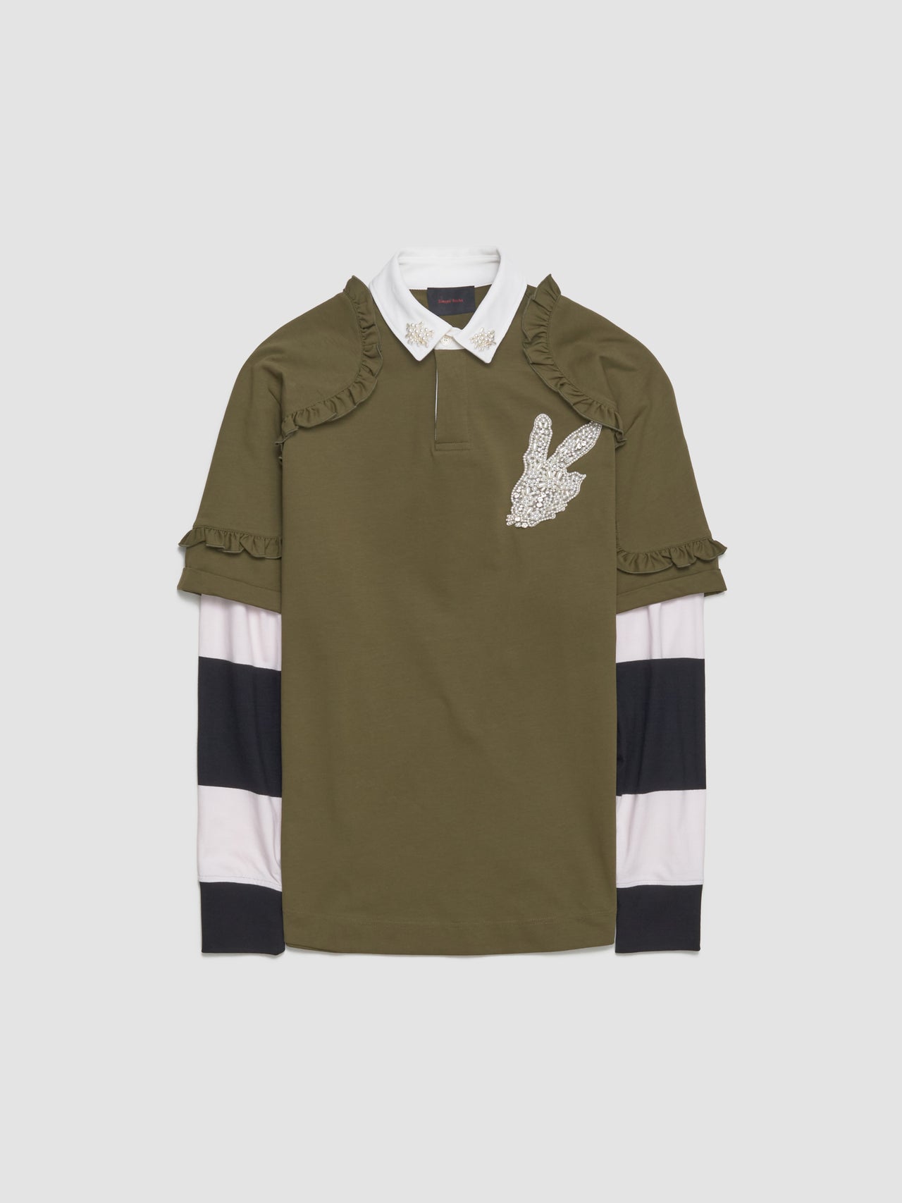 Layered Ruffle Rugby Shirt in Khaki & Pearl