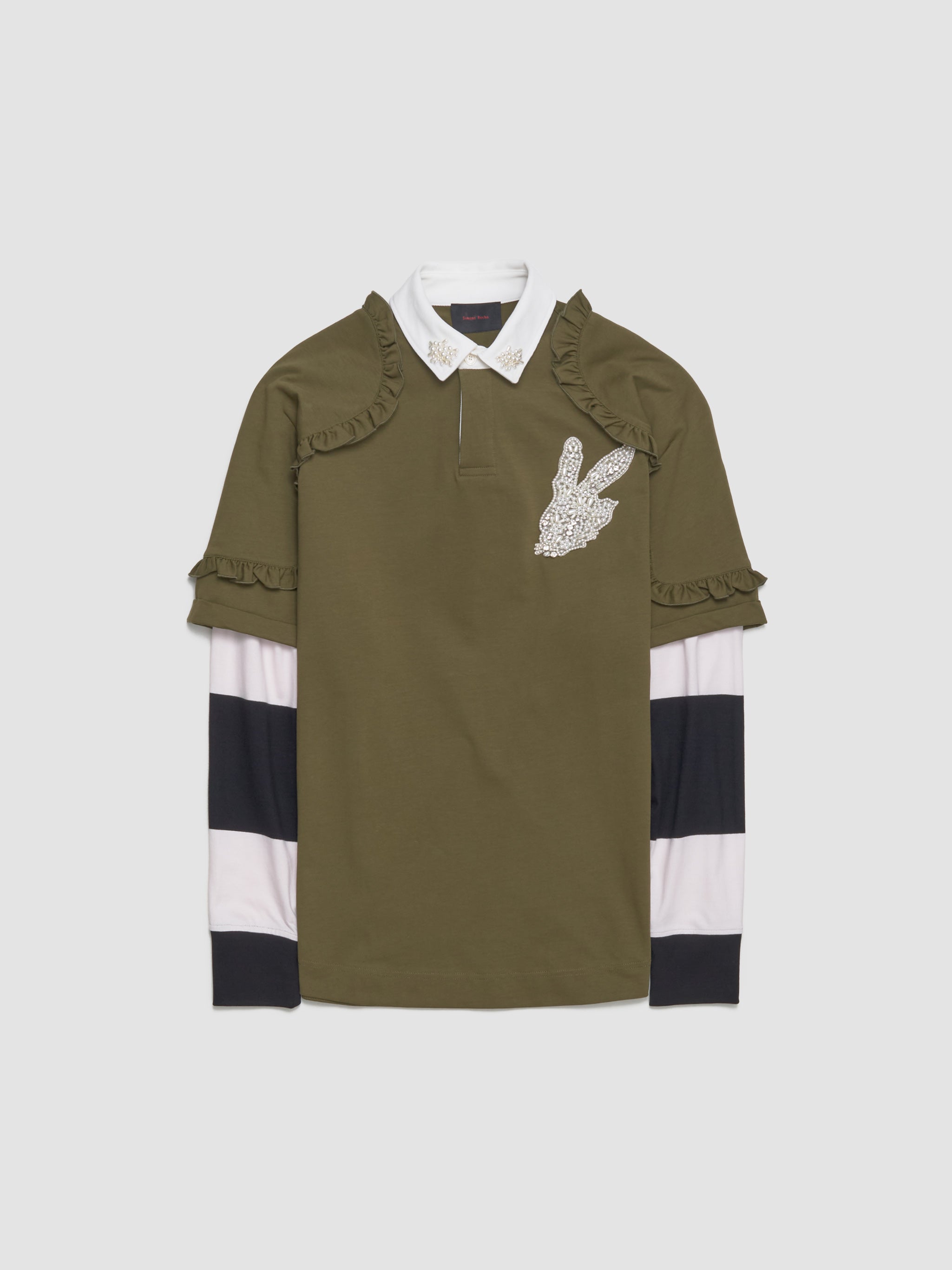 Layered Ruffle Rugby Shirt in Khaki & Pearl