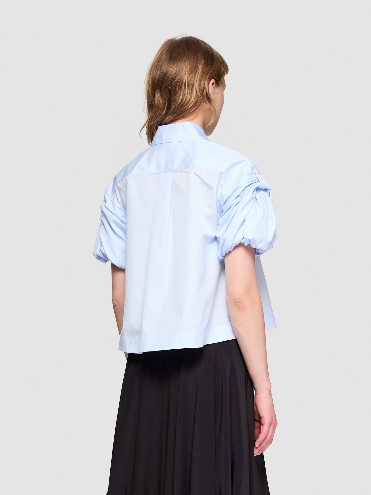Cropped Puff Bow Sleeve Shirt in Baby Blue