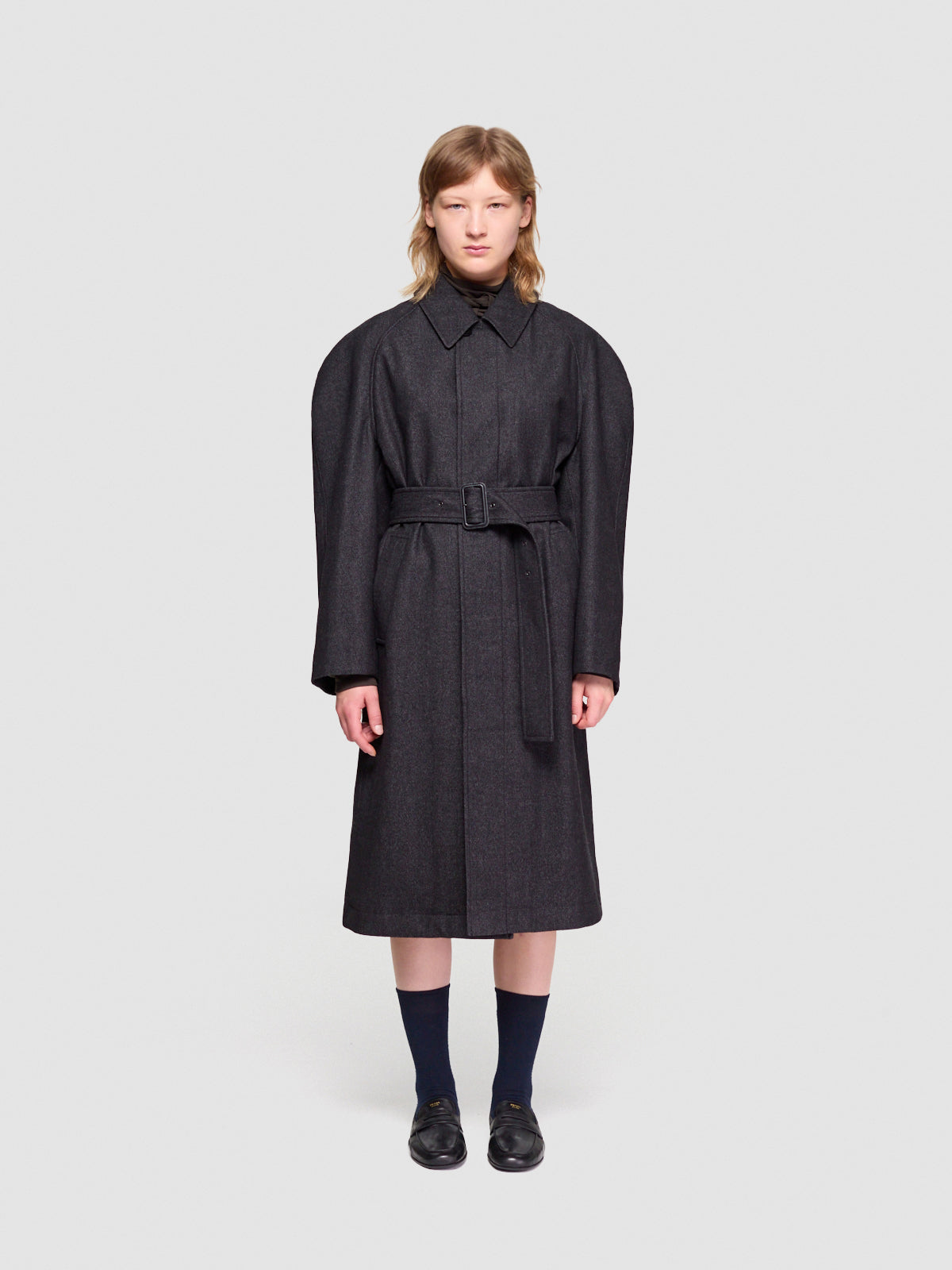 Raglan Sleeve Coat in Black & Grey Melange