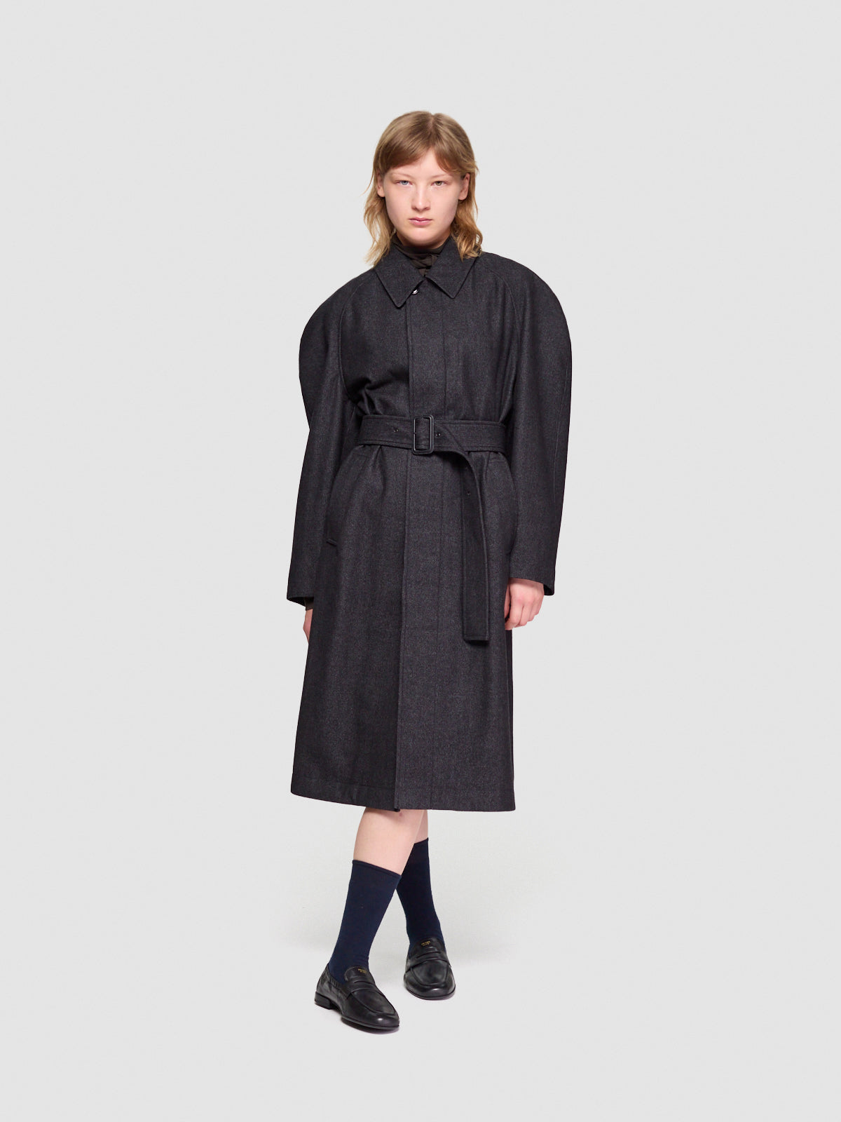Raglan Sleeve Coat in Black & Grey Melange
