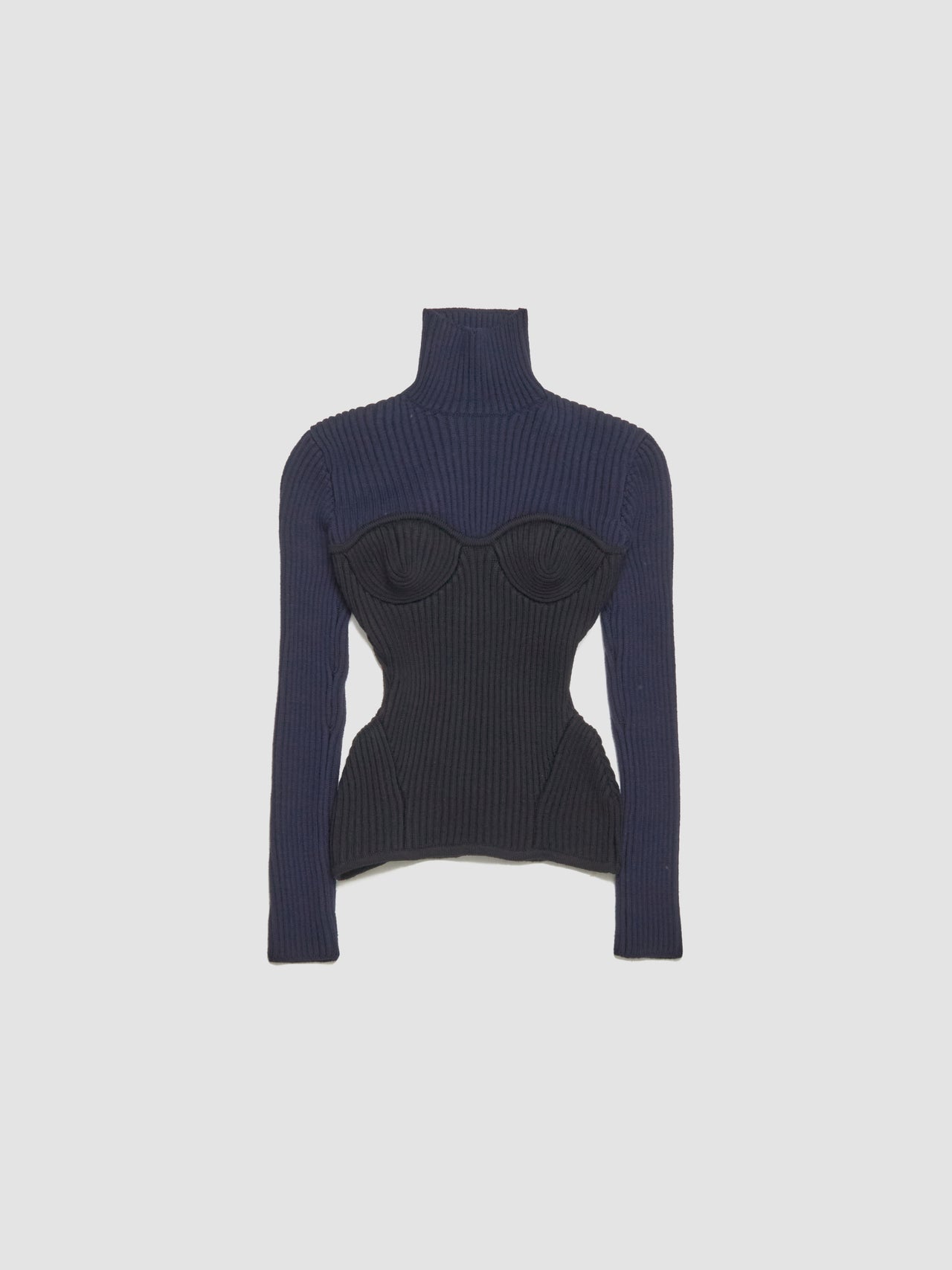 Wool Ribbed High Neck Sweater in Navy & Black