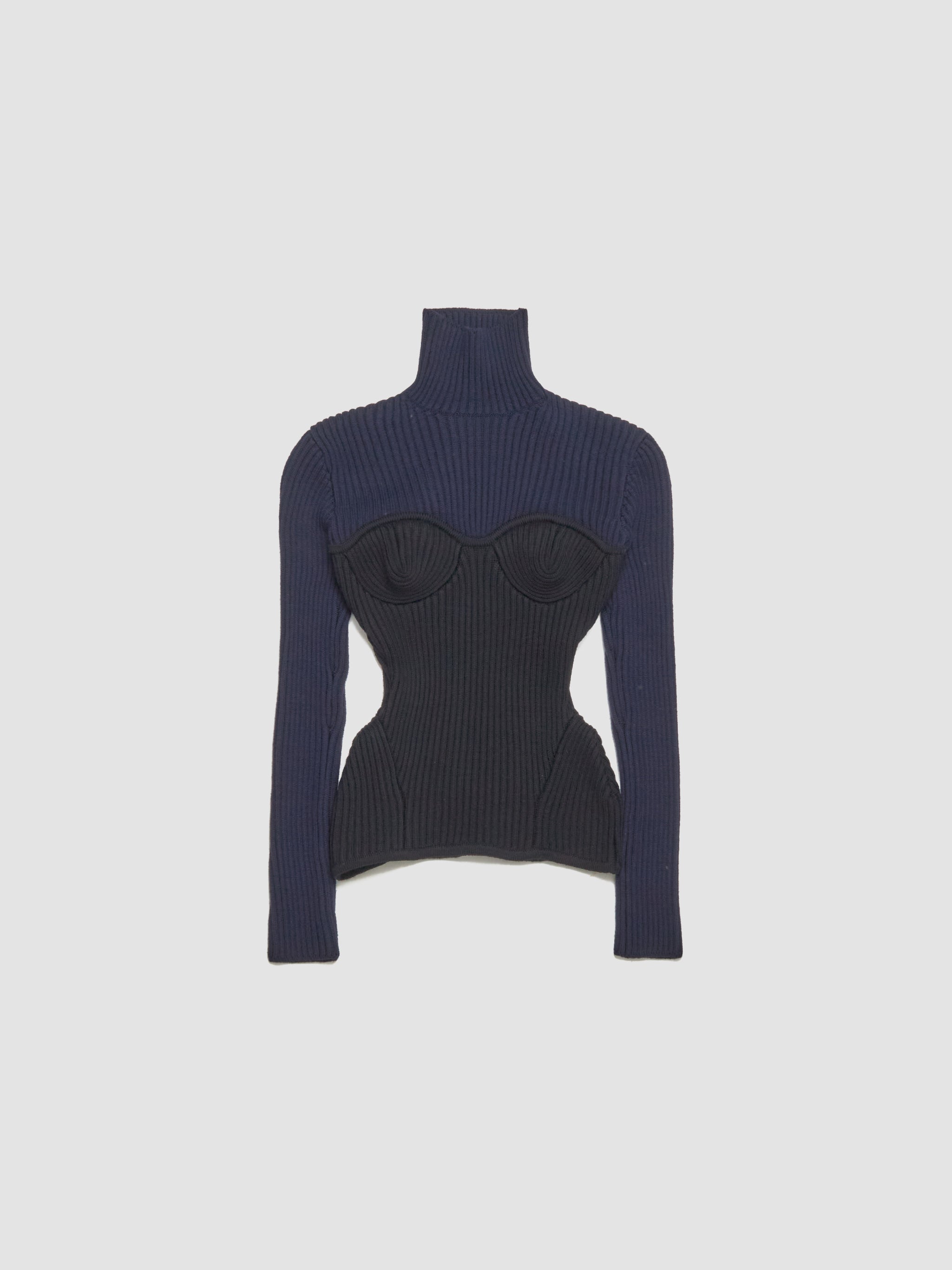 Wool Ribbed High Neck Sweater in Navy & Black