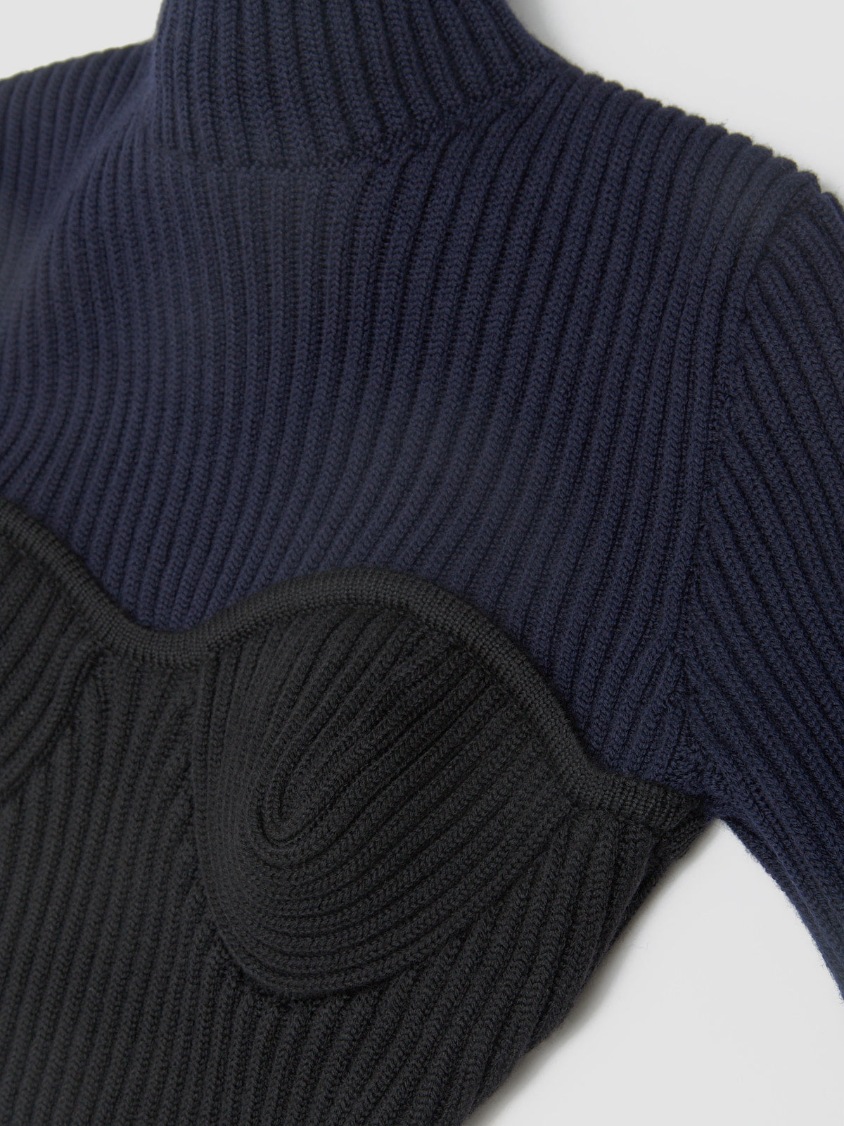 Wool Ribbed High Neck Sweater in Navy & Black