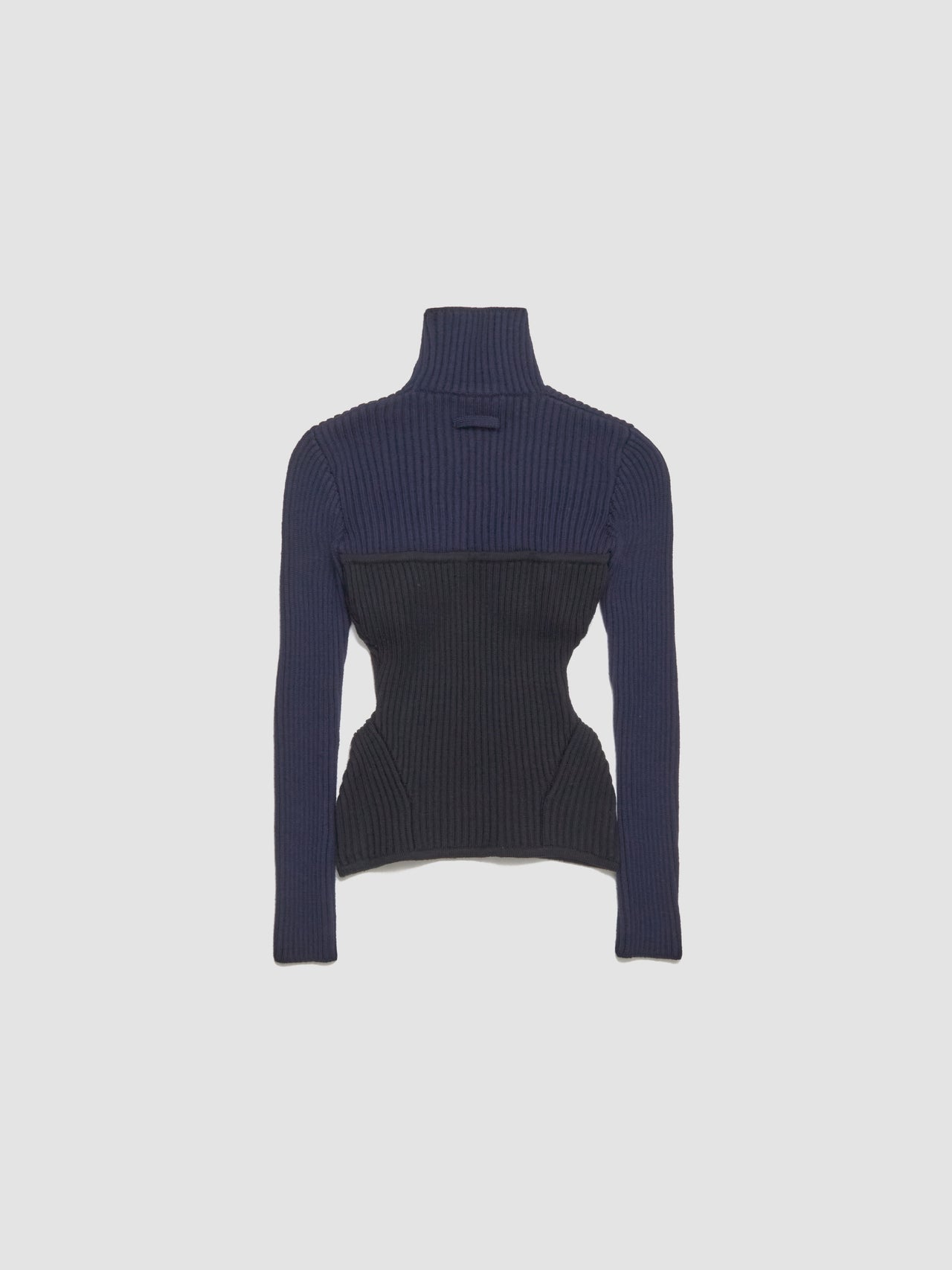 Wool Ribbed High Neck Sweater in Navy & Black