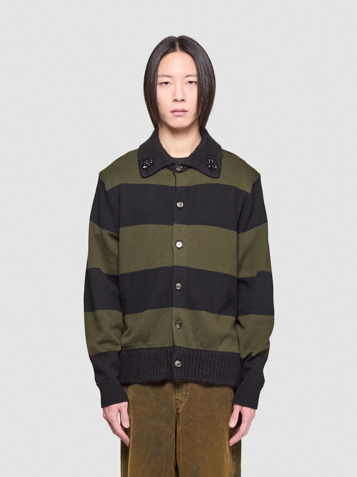 Fuzzy Collar Striped Rugby Cardigan in Charcoal