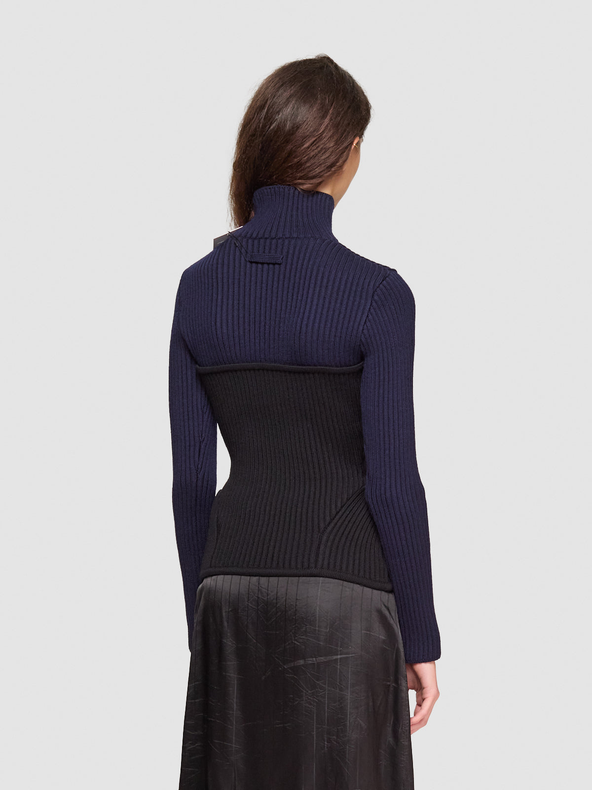 Wool Ribbed High Neck Sweater in Navy & Black