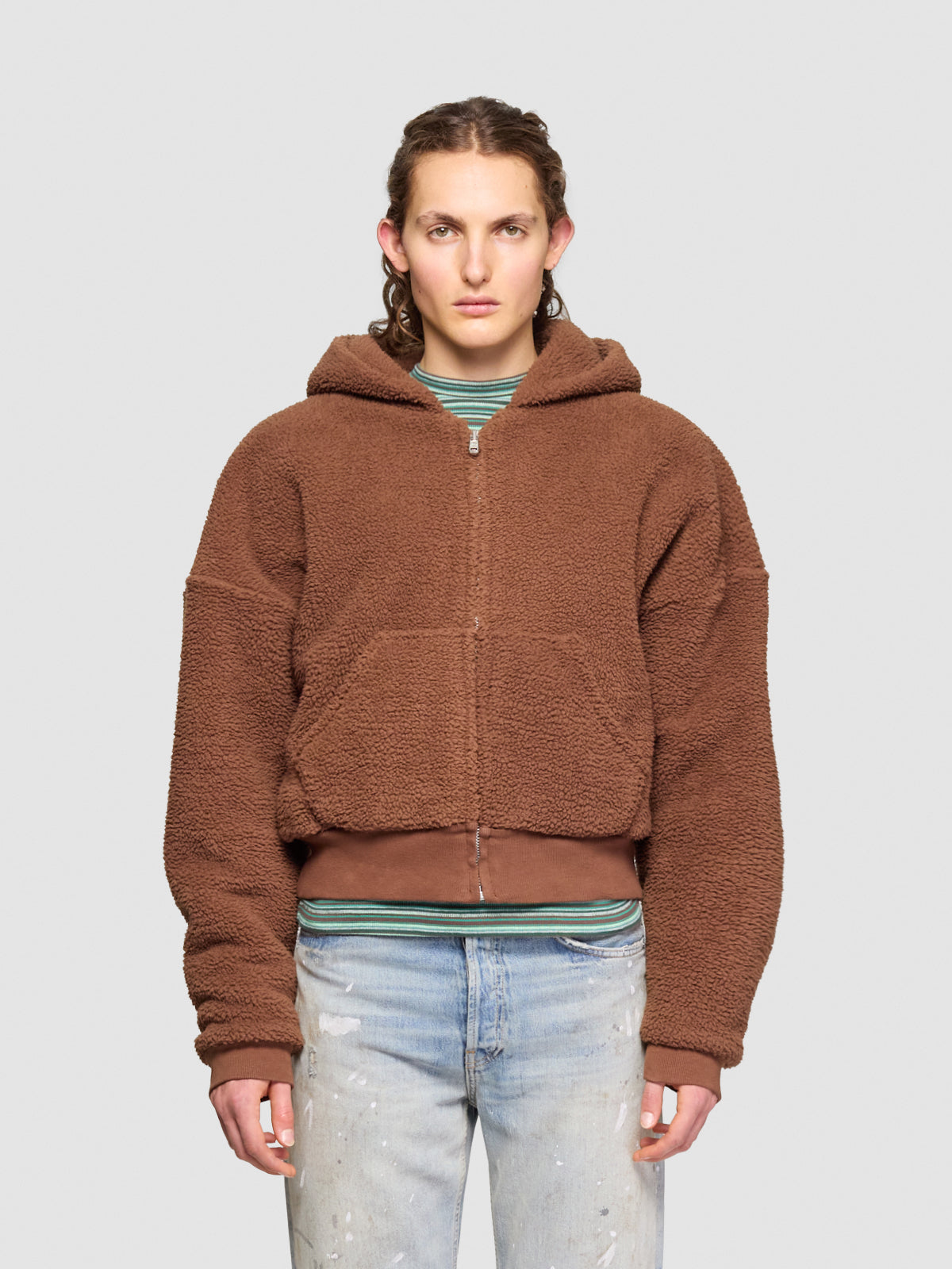Terry Fleece Zipped Hoodie in Brown