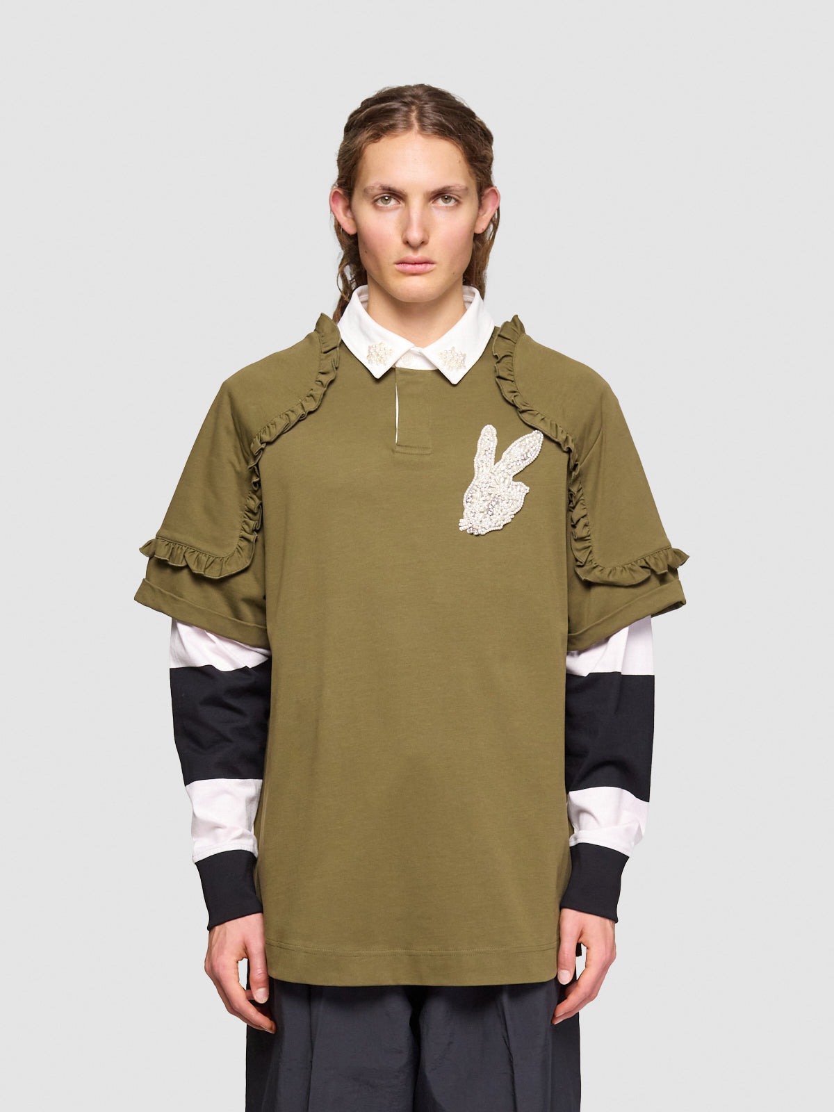 Layered Ruffle Rugby Shirt in Khaki & Pearl