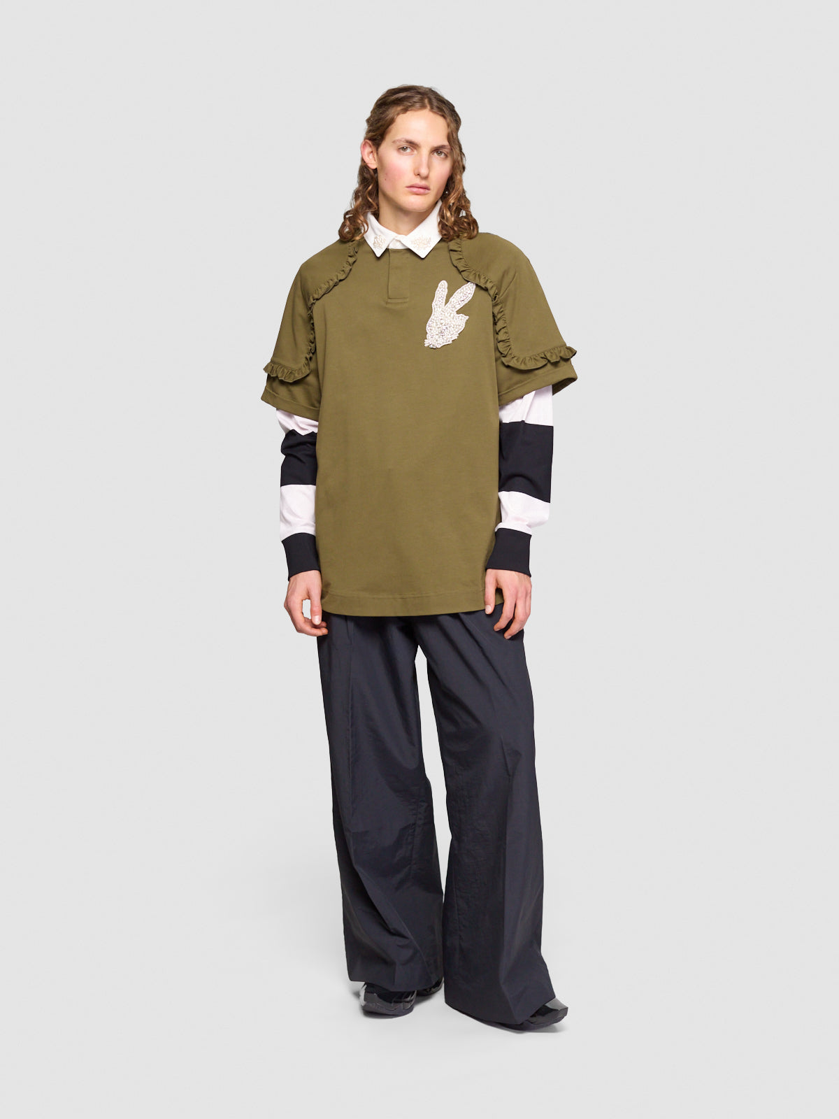 Layered Ruffle Rugby Shirt in Khaki & Pearl