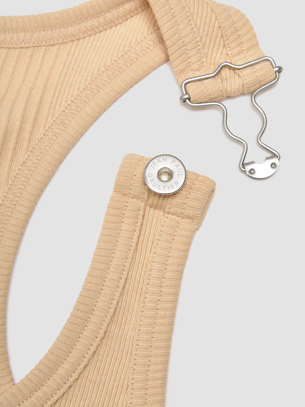 Ribbed Bra with "Gaultier" Patch and Overall Buckles in Nude
