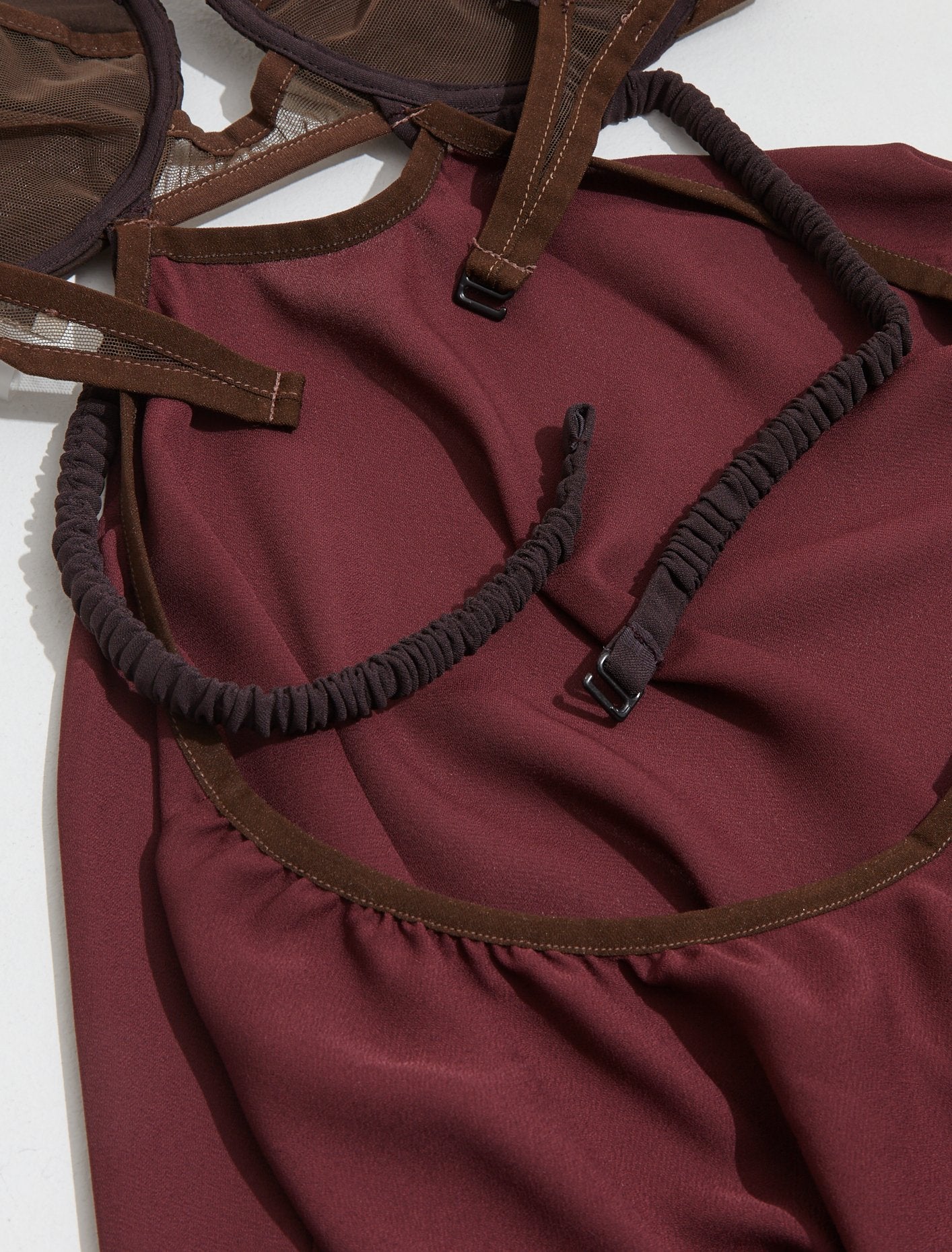 Draped Double Bra Dress with Rouched Straps in Burgundy