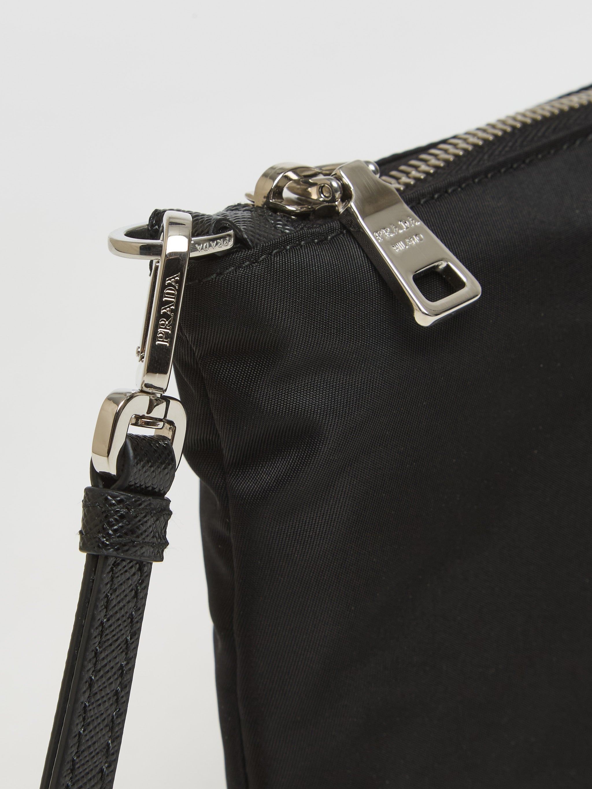Re-Nylon and Saffiano Leather Pouch Bag in Black