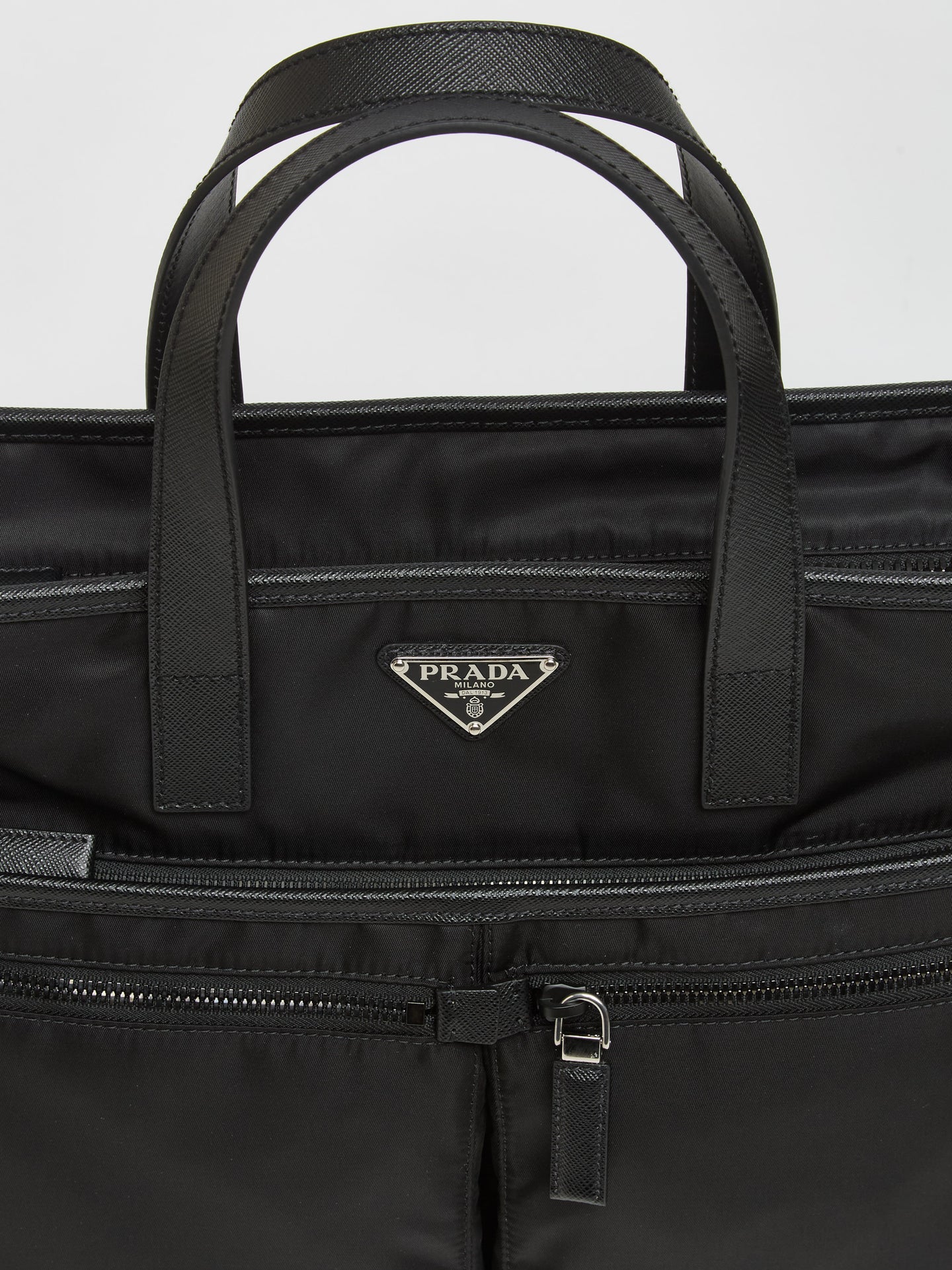 Re-Nylon and Saffiano Leather Tote Bag in Black